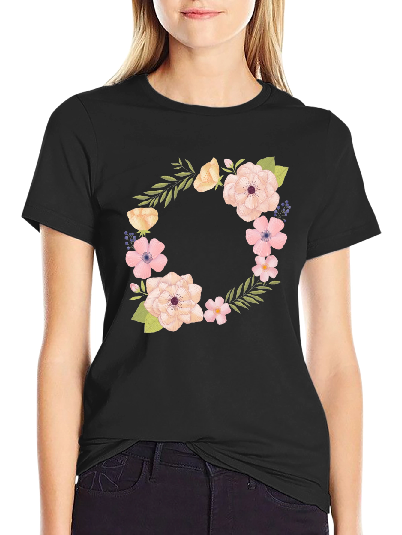 Floral Wreath Design Black T-Shirt