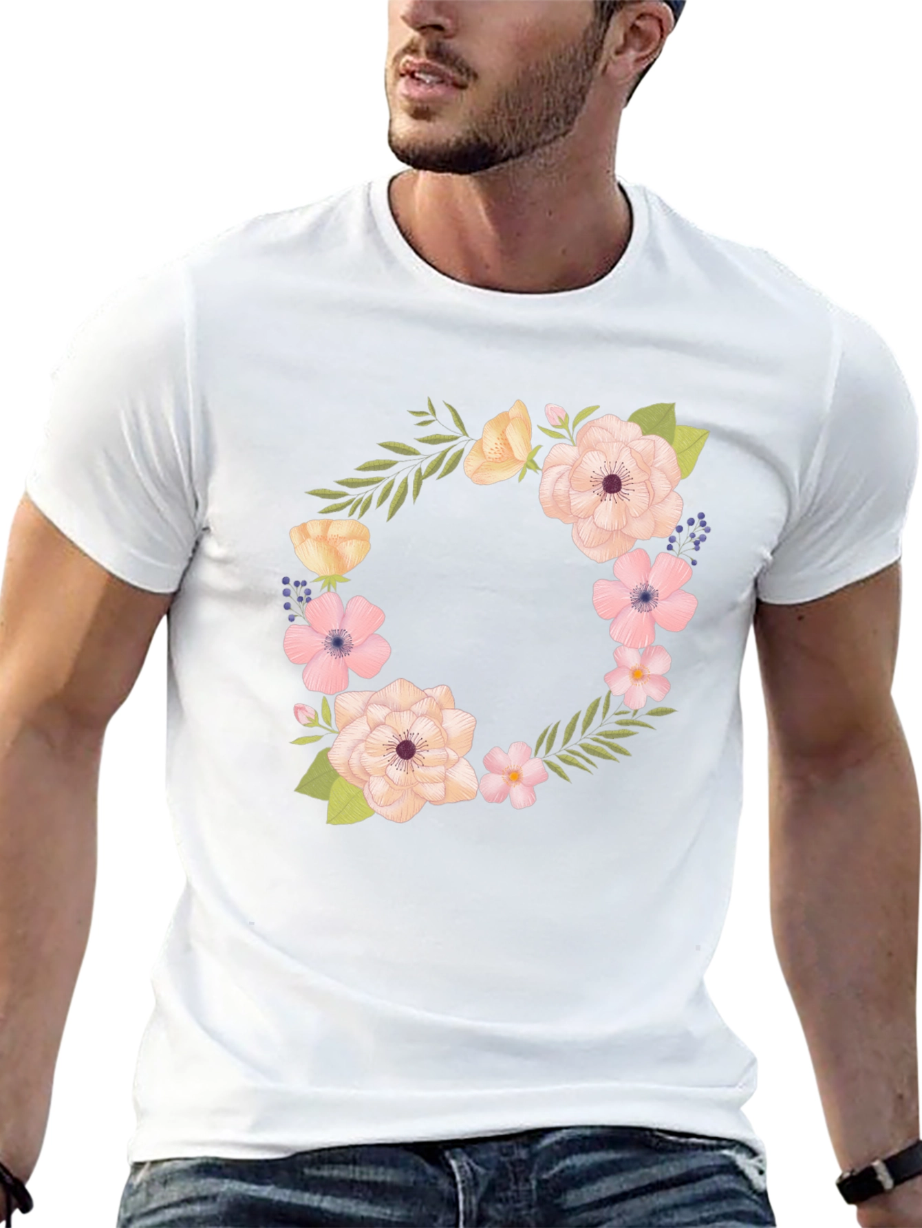 Floral Wreath Design Black T-Shirt