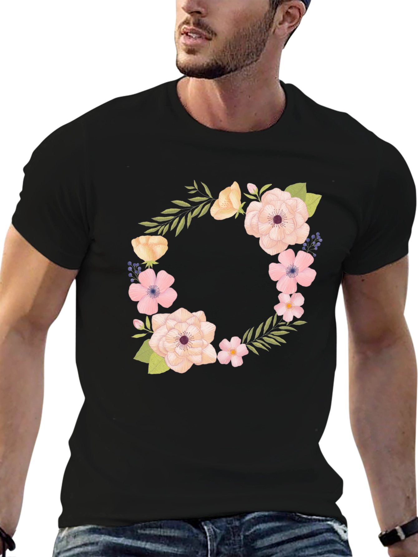 Floral Wreath Design Black T-Shirt