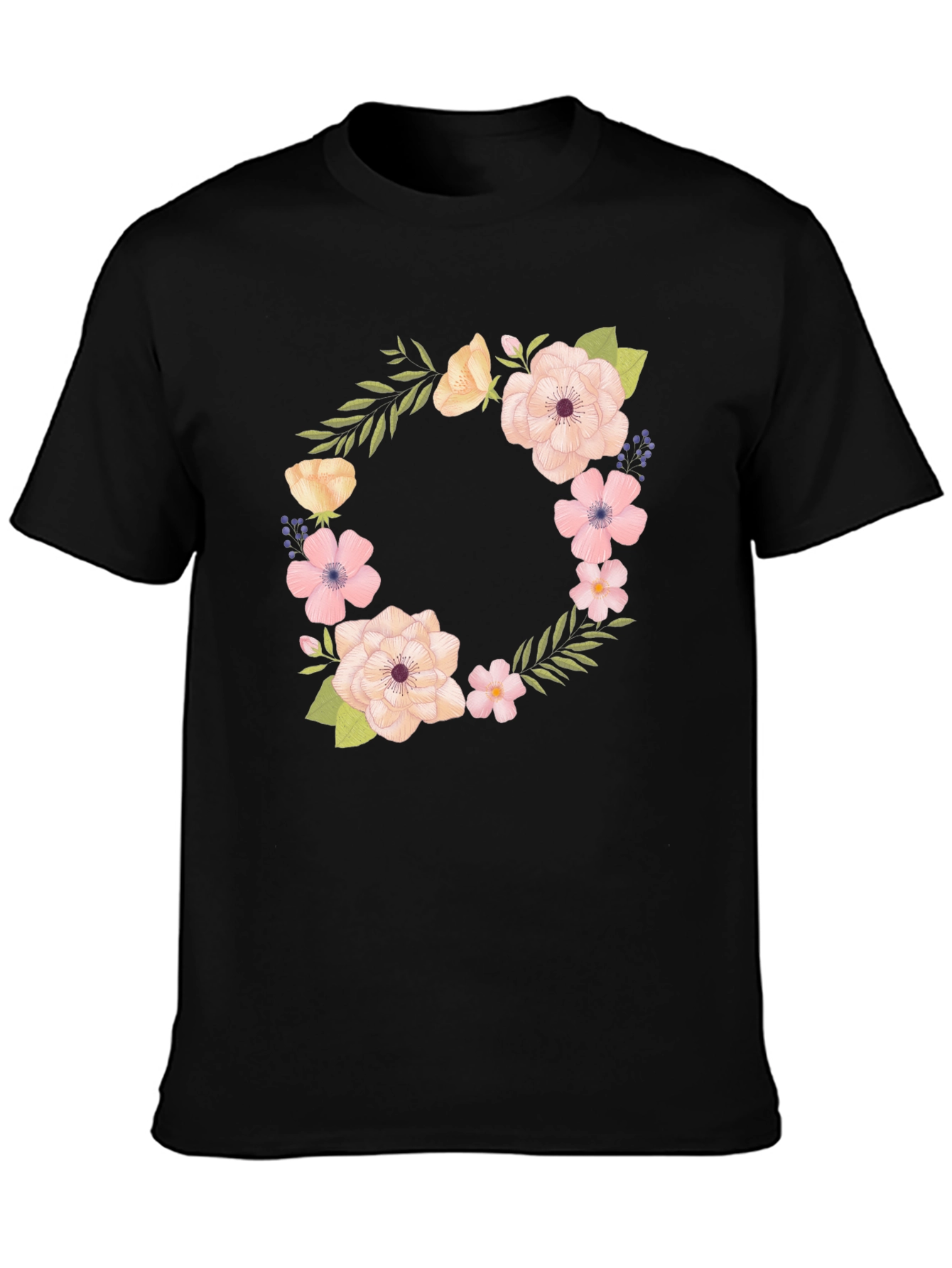 Floral Wreath Design Black T-Shirt