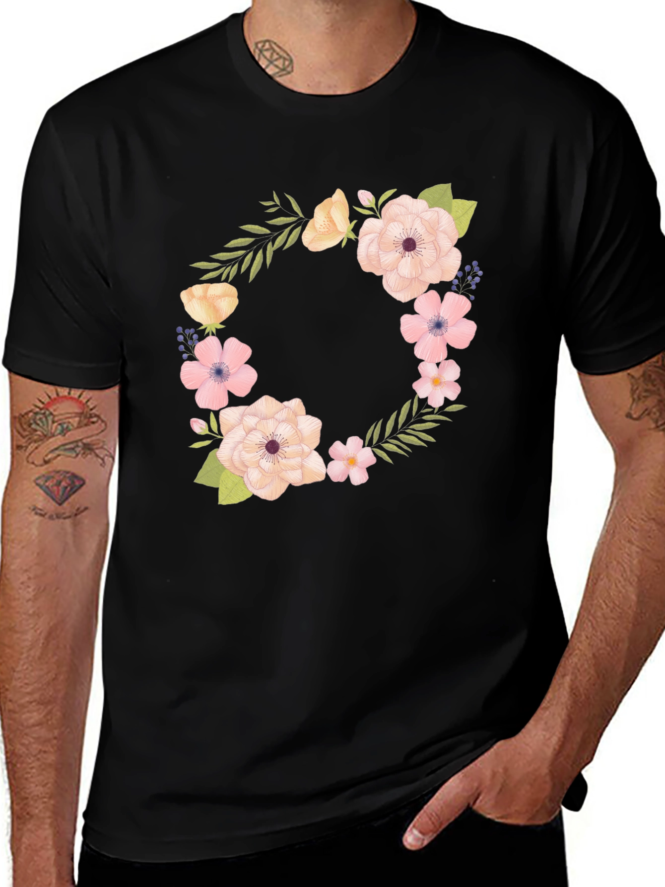Floral Wreath Design Black T-Shirt