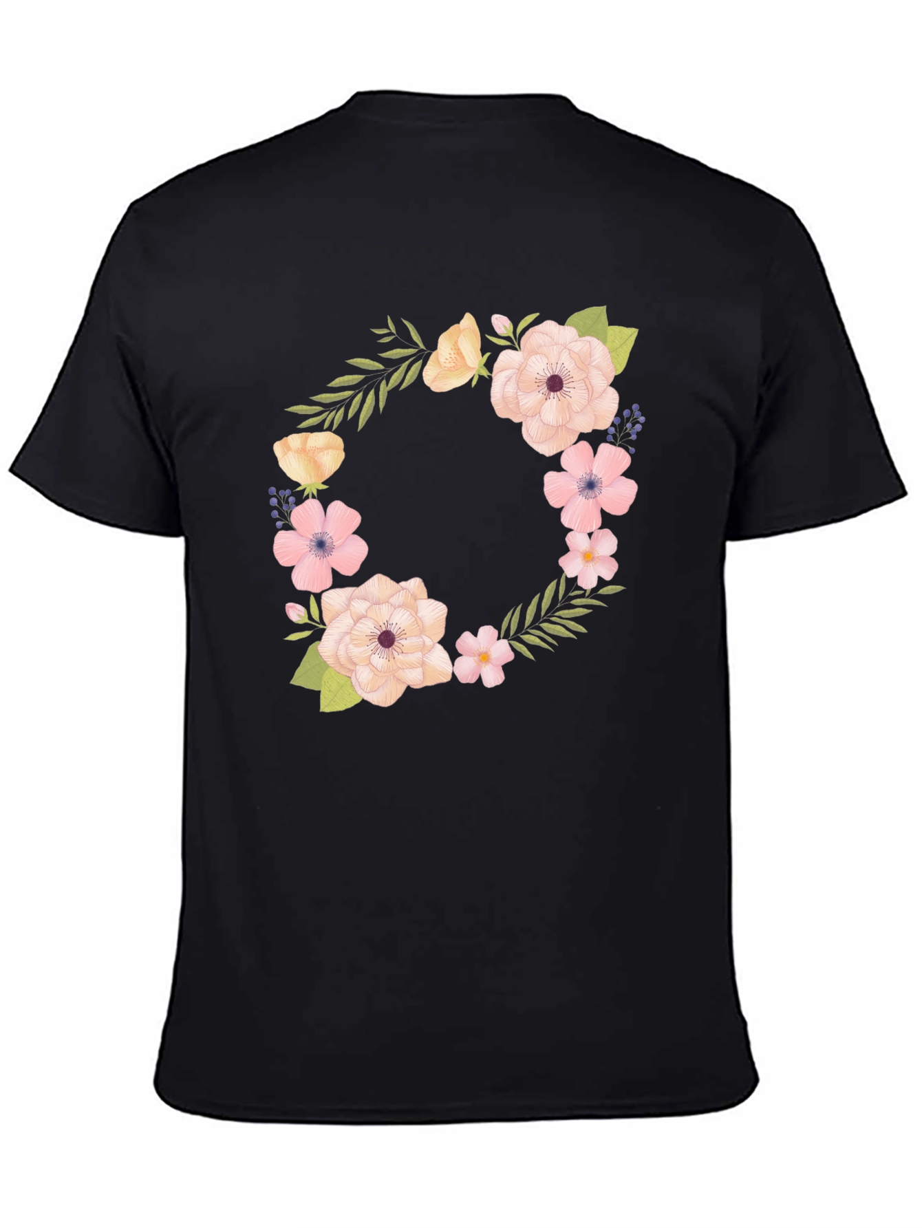 Floral Wreath Design Black T-Shirt