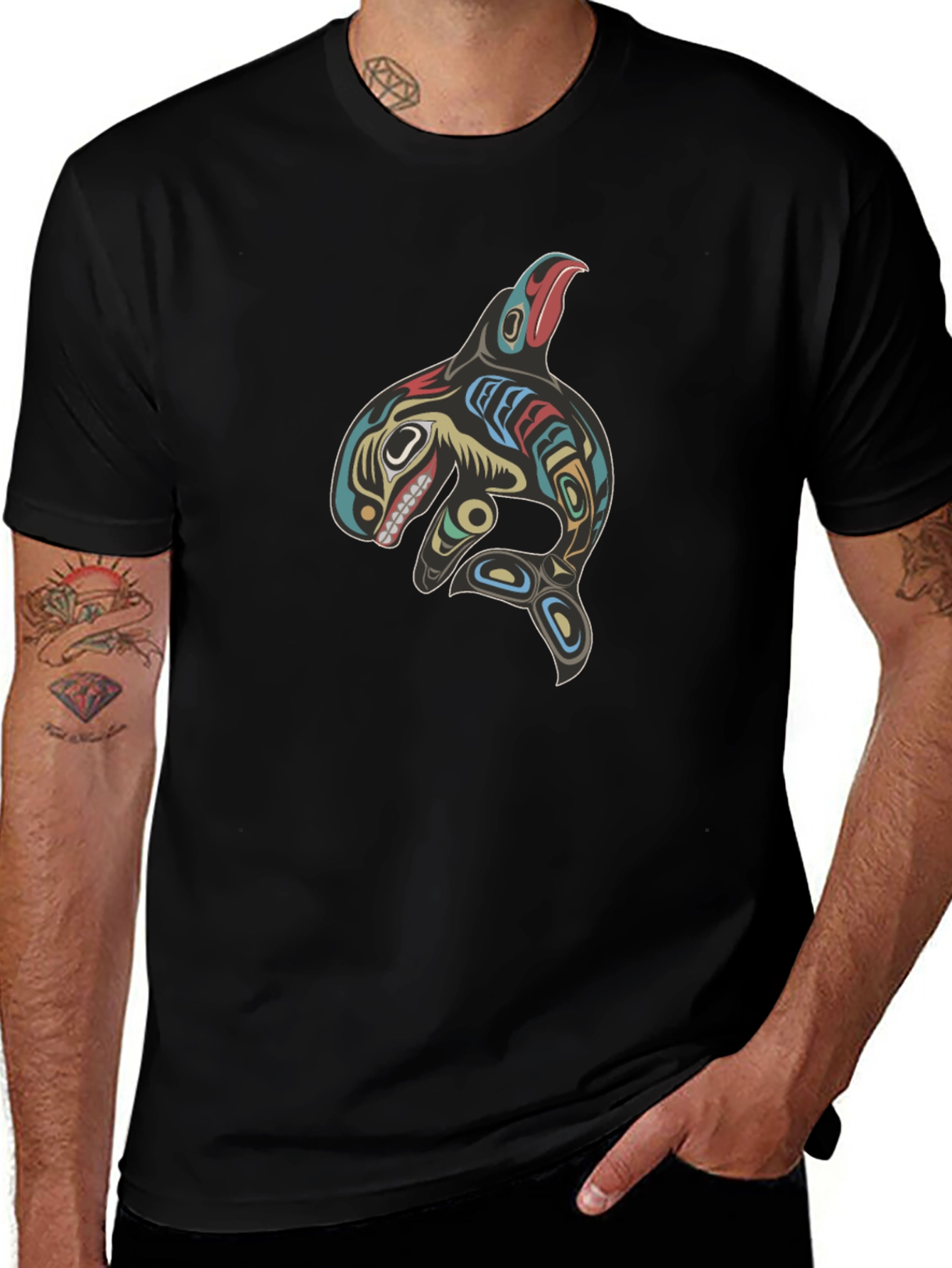 Tribal Orca Whale Graphic Tee - Black