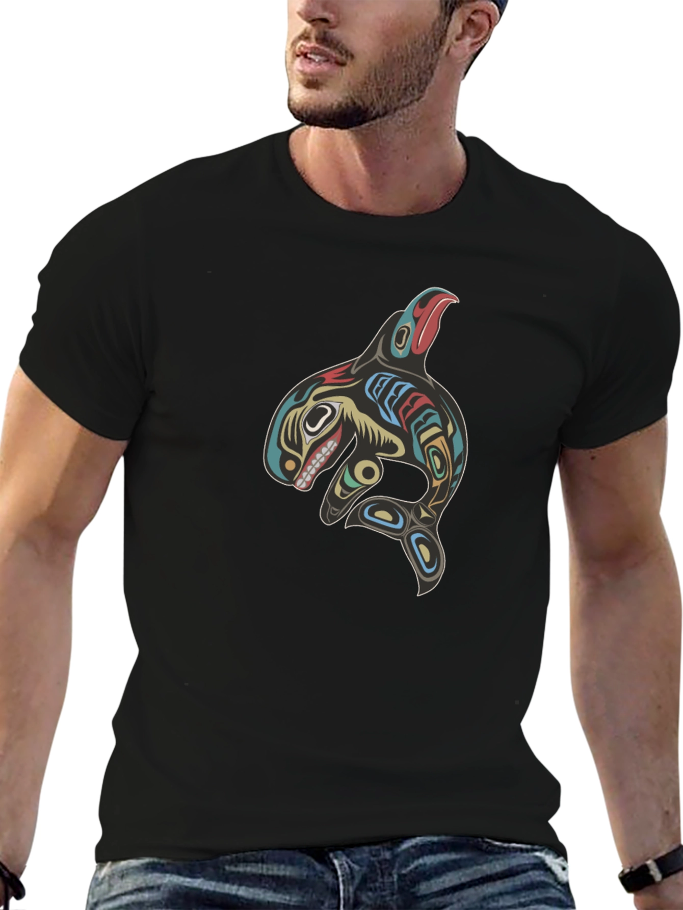 Tribal Orca Whale Graphic Tee - Black
