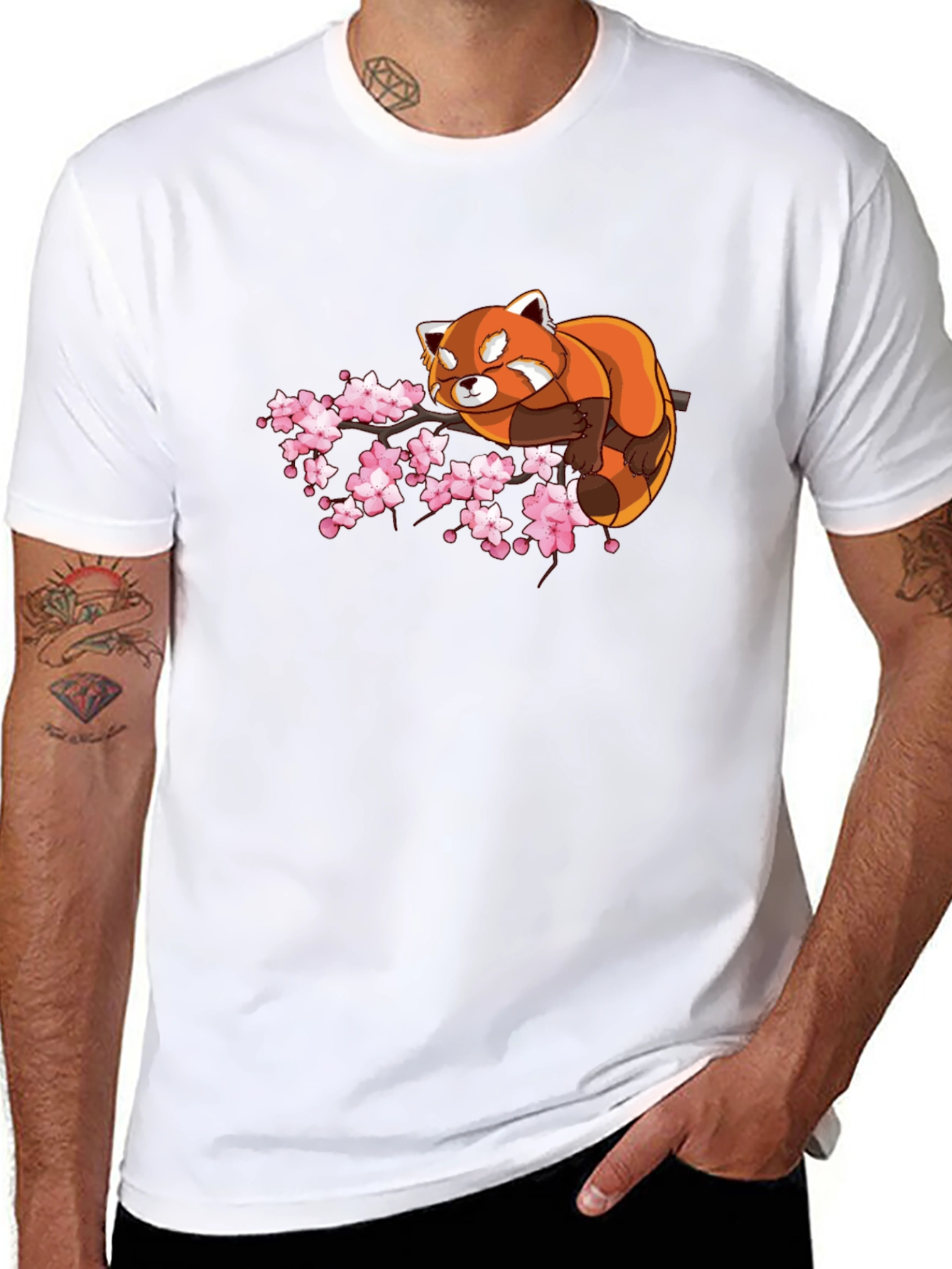 Red Panda & Cherry Blossom Black T-Shirt