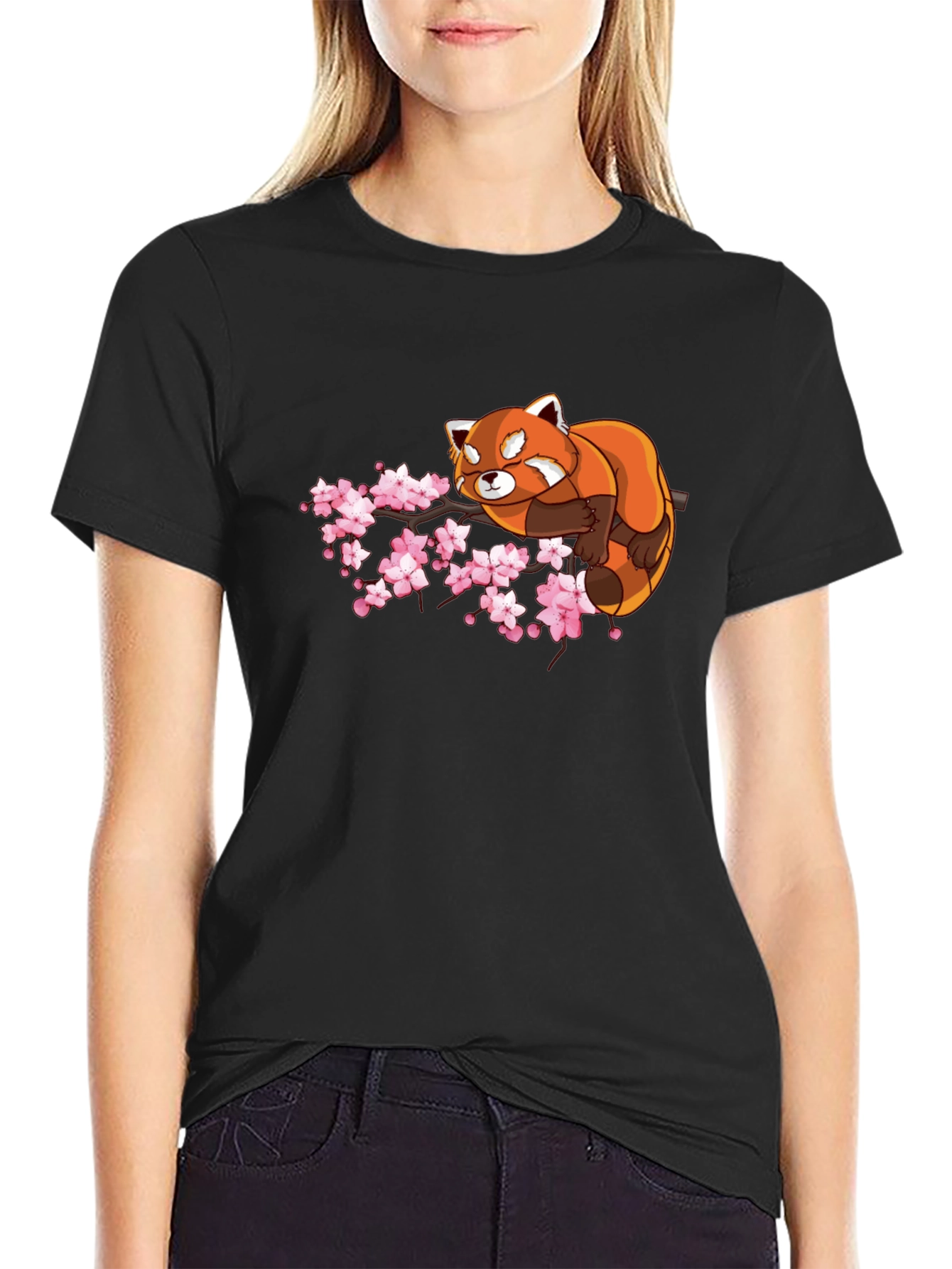Red Panda & Cherry Blossom Black T-Shirt
