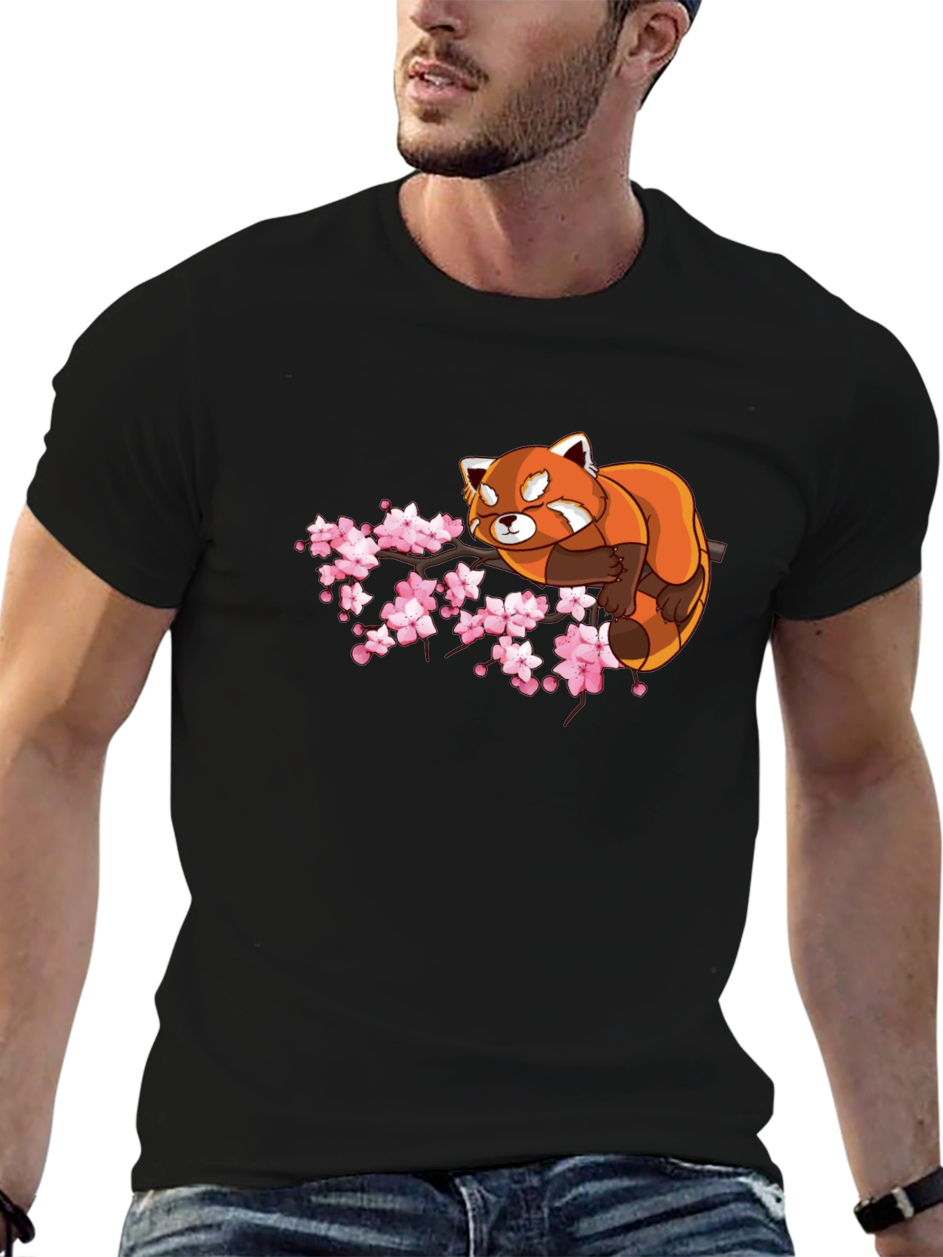 Red Panda & Cherry Blossom Black T-Shirt