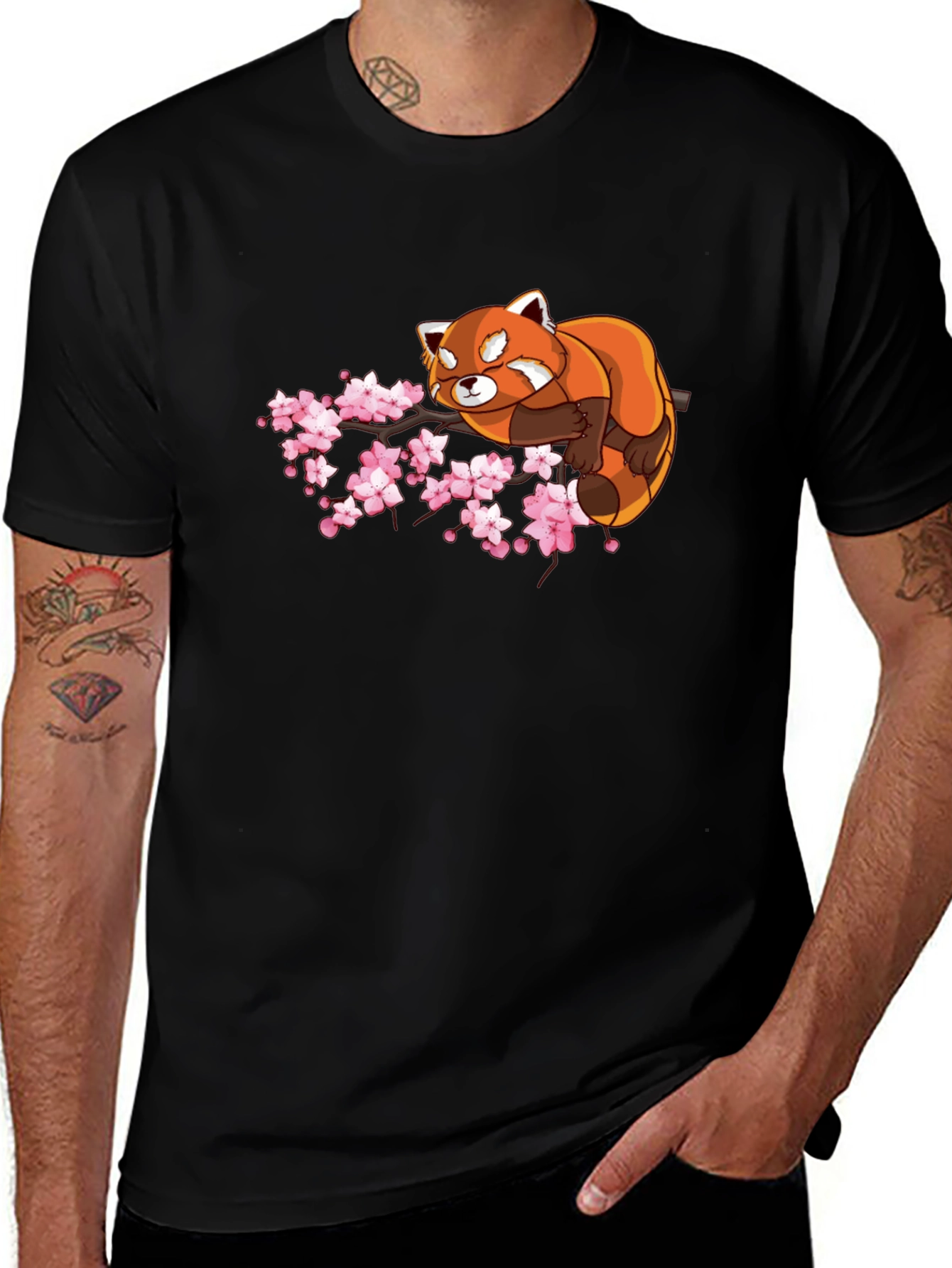 Red Panda & Cherry Blossom Black T-Shirt