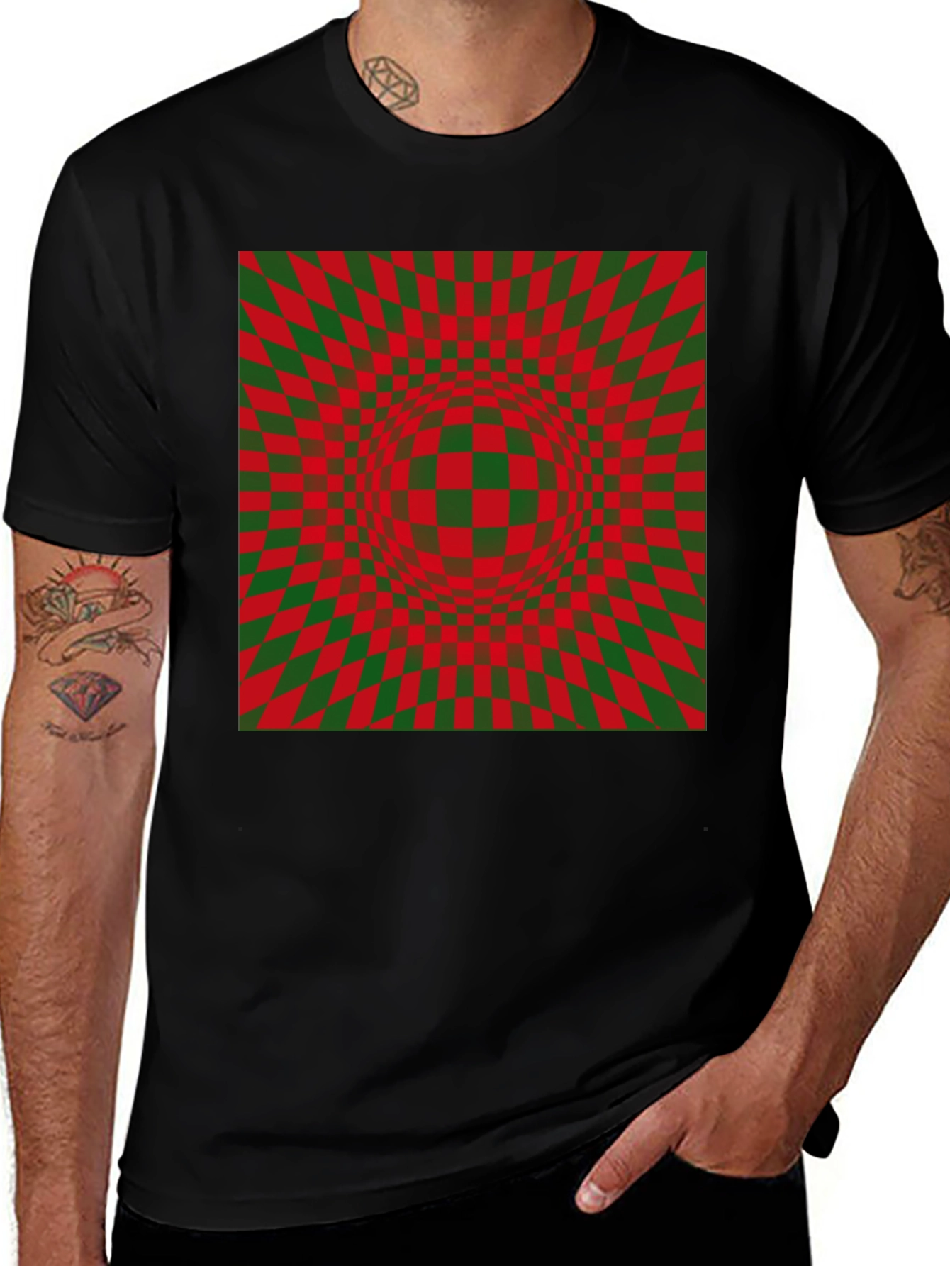 Optical Illusion Checkered Pattern Black T-Shirt
