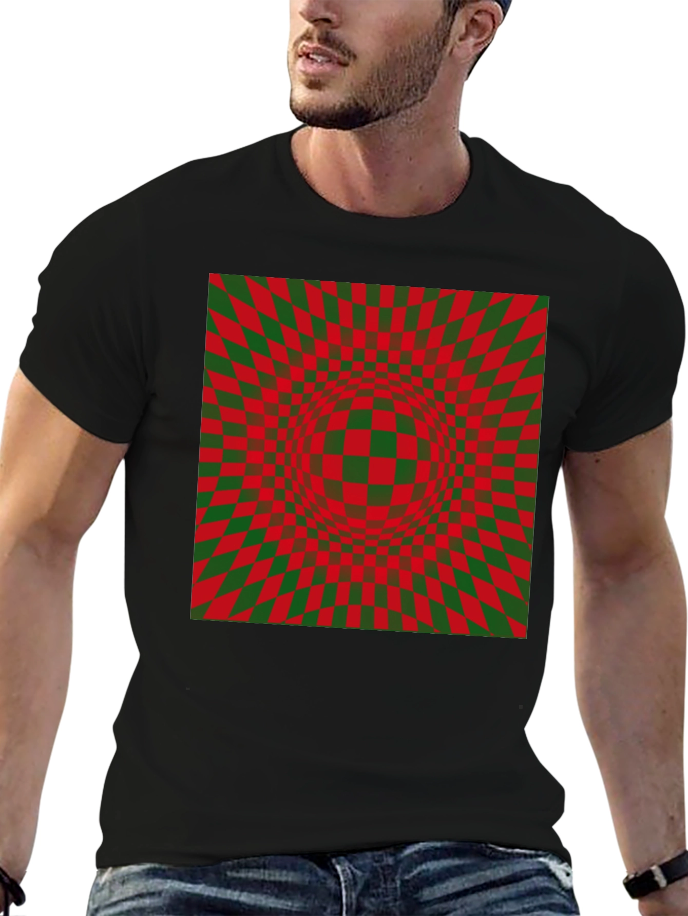 Optical Illusion Checkered Pattern Black T-Shirt