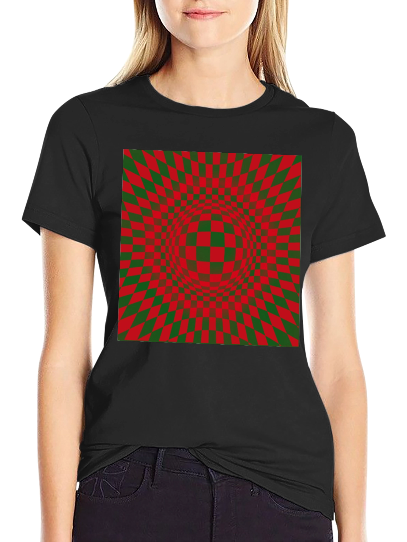 Optical Illusion Checkered Pattern Black T-Shirt