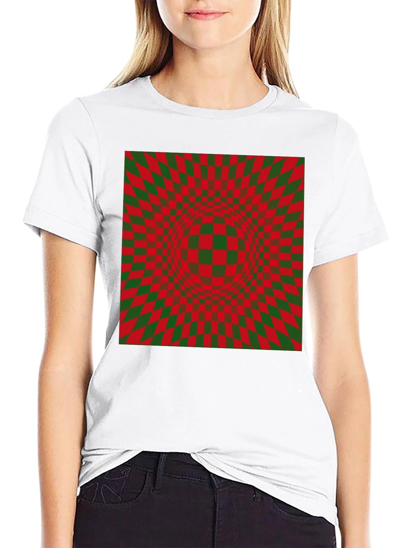 Optical Illusion Checkered Pattern Black T-Shirt