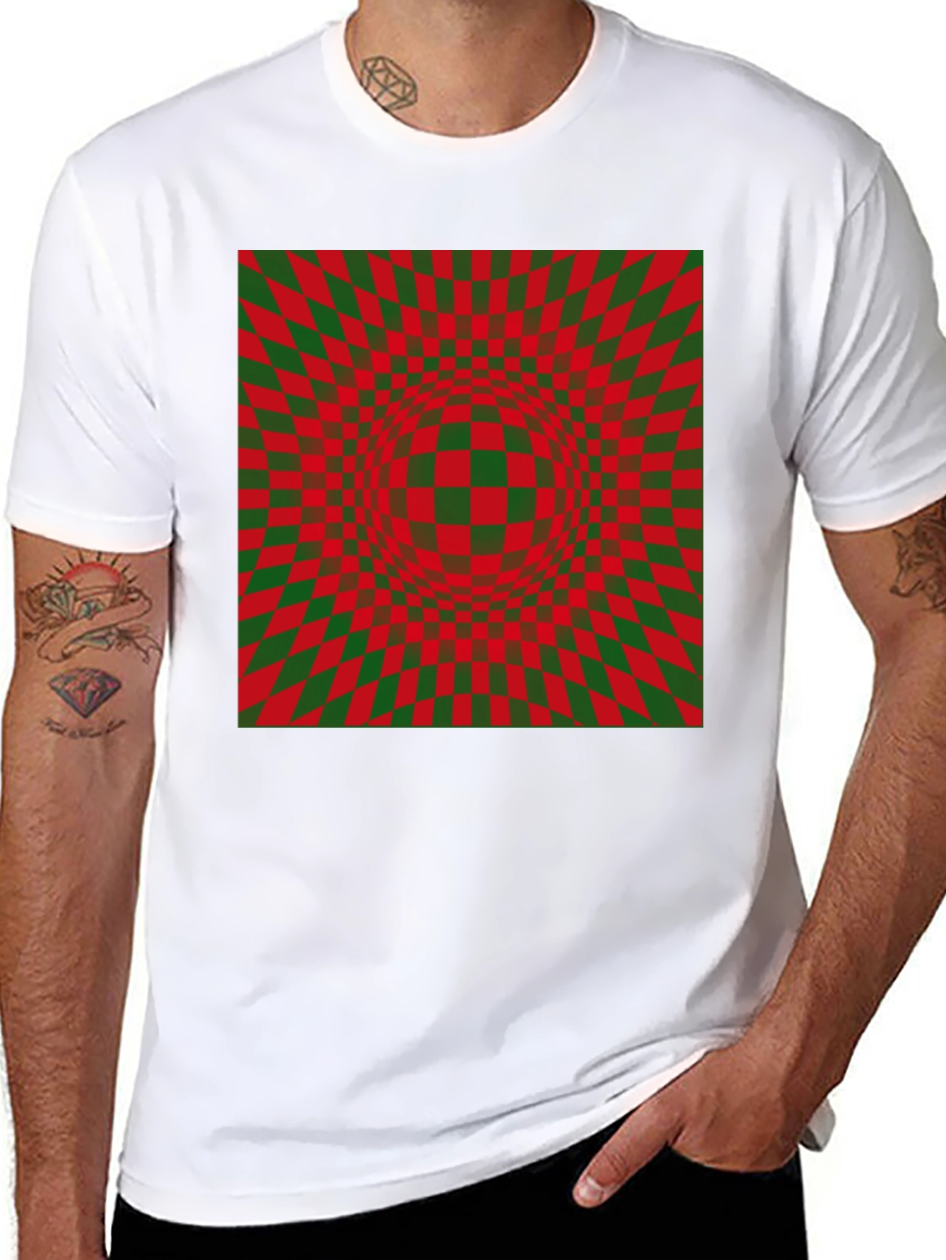 Optical Illusion Checkered Pattern Black T-Shirt