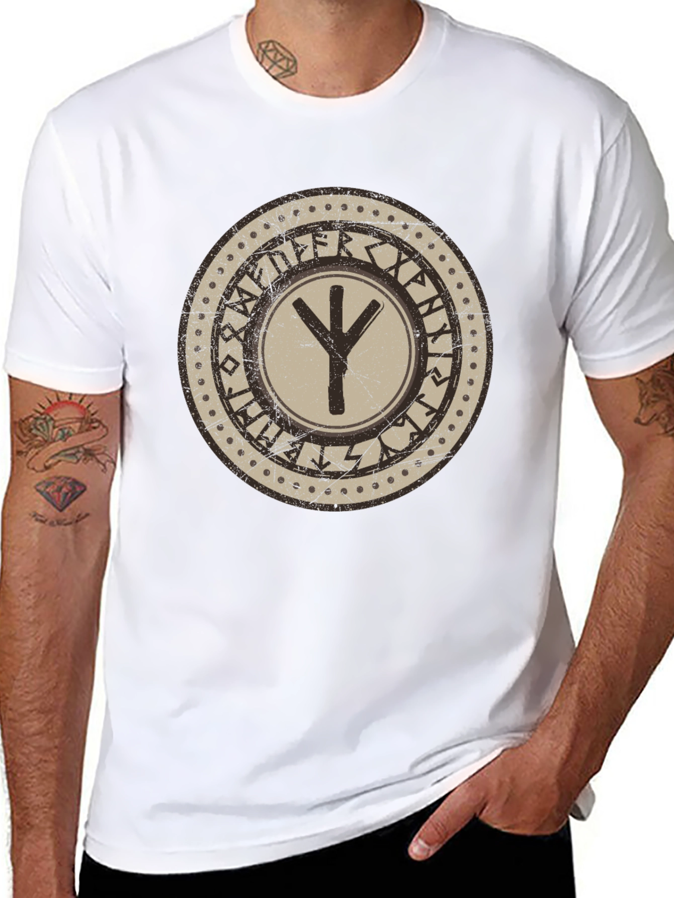 Viking Rune Circle Graphic Print Black T-Shirt