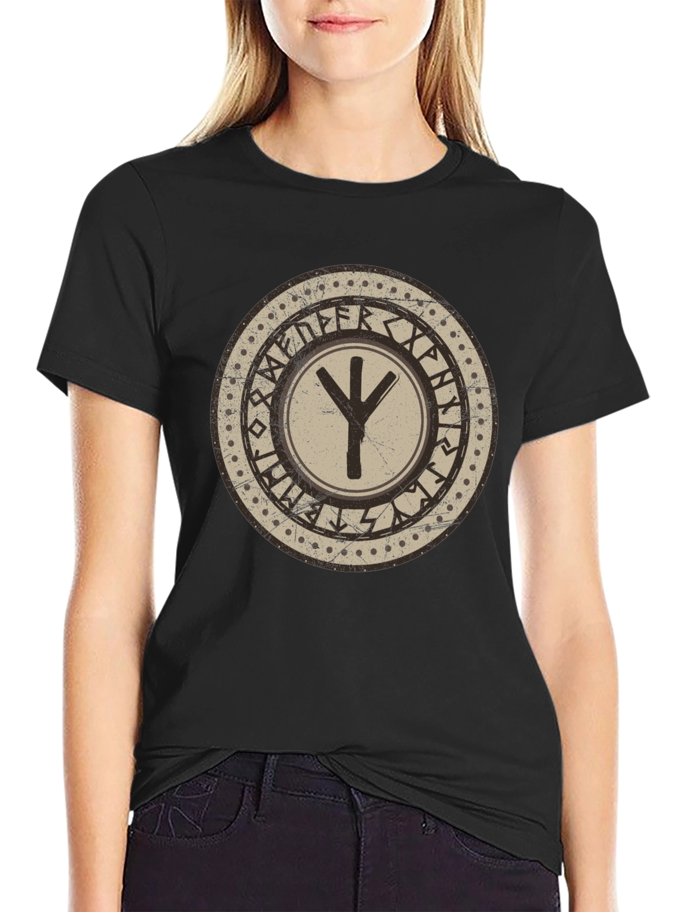 Viking Rune Circle Graphic Print Black T-Shirt