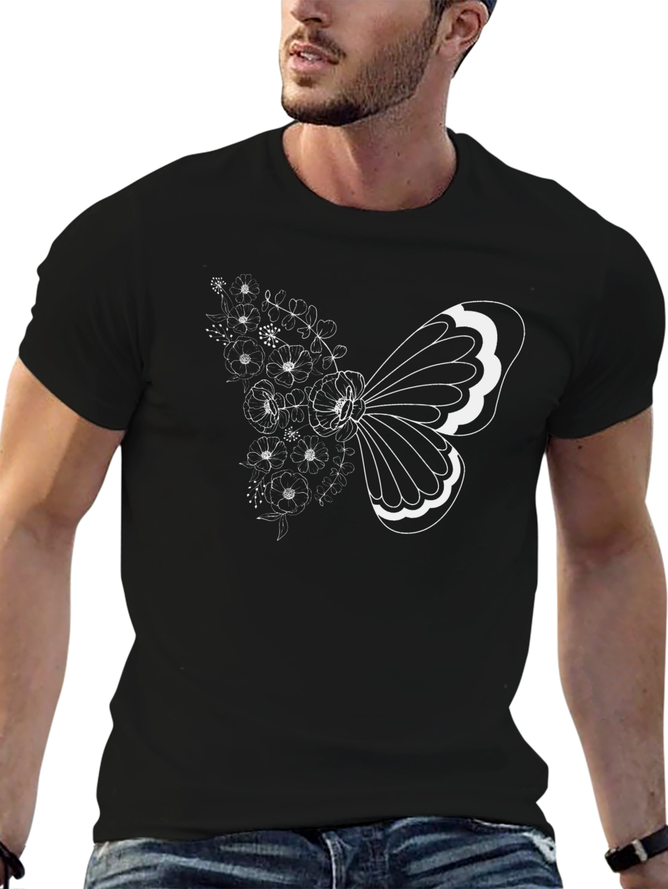 Floral Butterfly Graphic Tee - Black Cotton T-Shirt