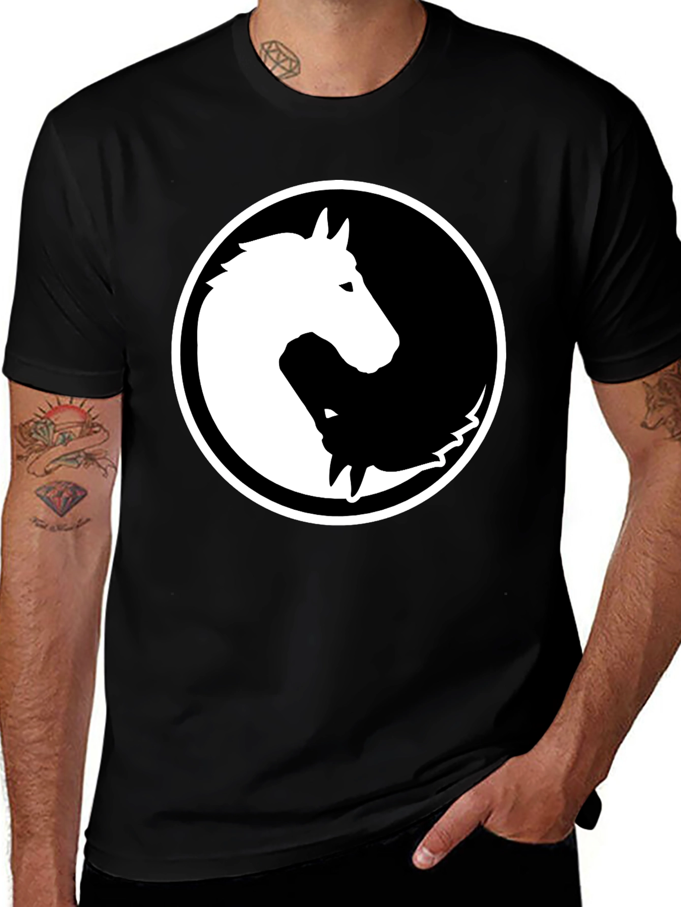 Yin Yang Horse & Wolf Graphic Black T-Shirt
