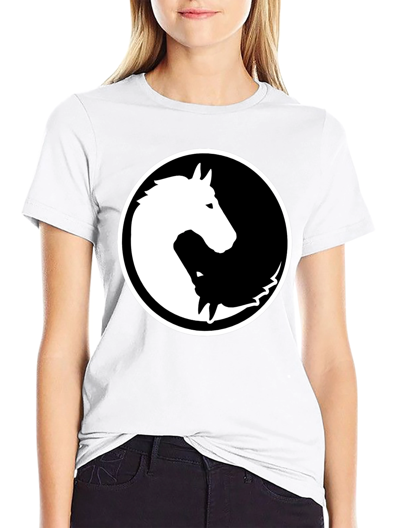 Yin Yang Horse & Wolf Graphic Black T-Shirt