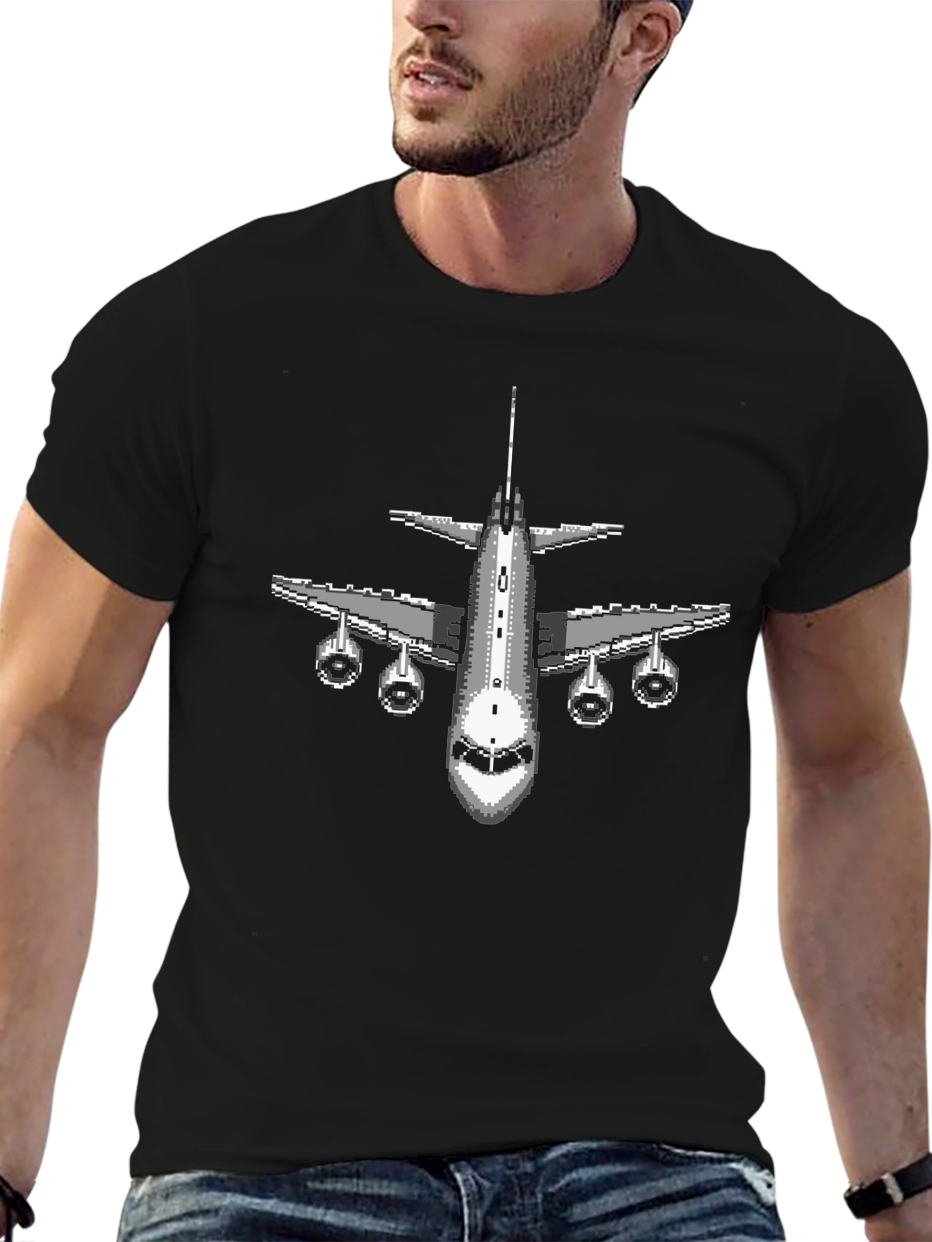 Retro Pixel Airplane Graphic Tee - Classic Black