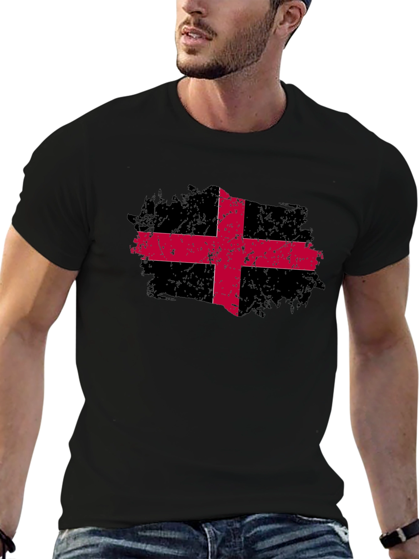 Black T-Shirt with Red Cross Graphic