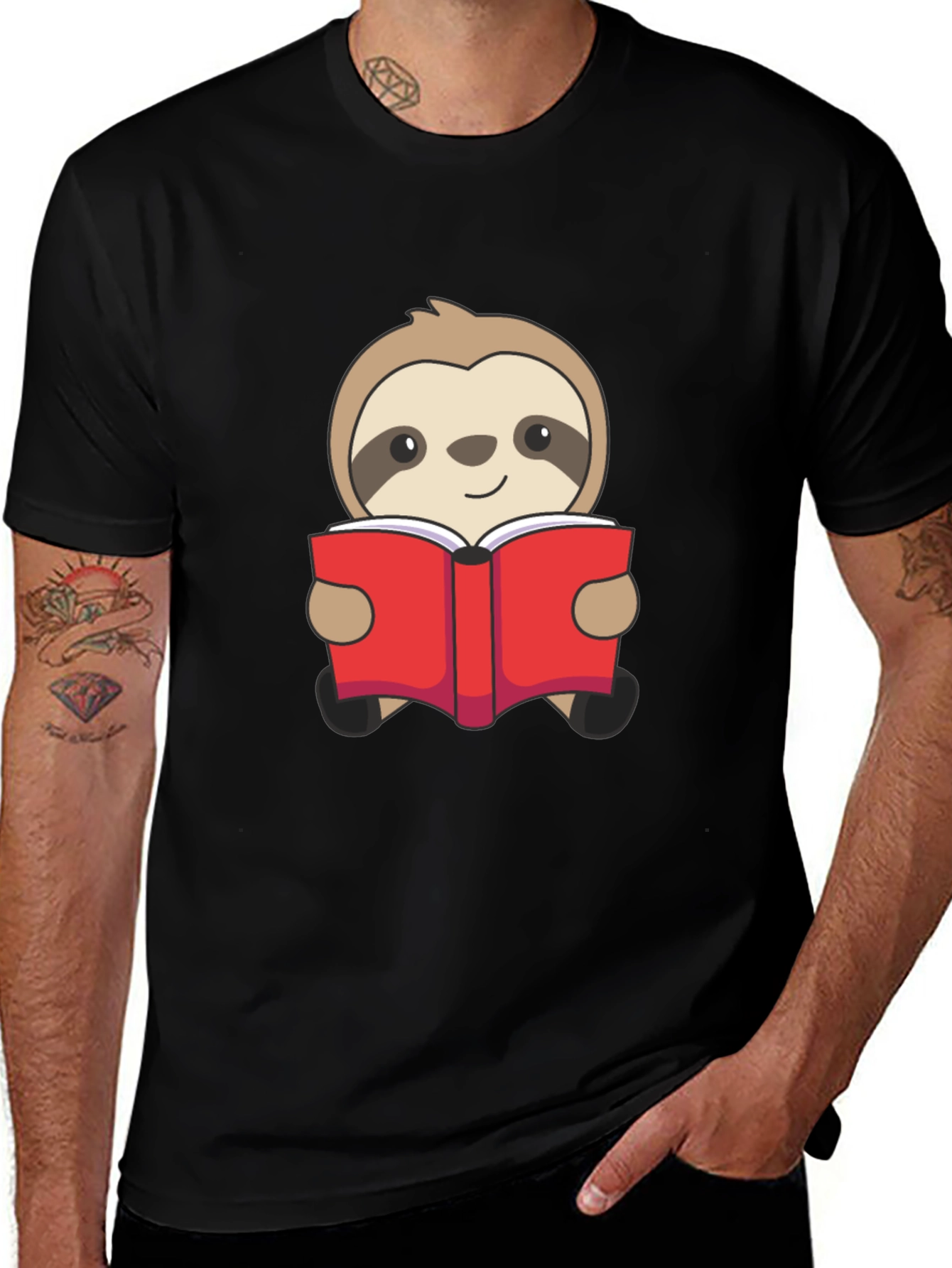 Sloth Reading Book Graphic T-Shirt - Black