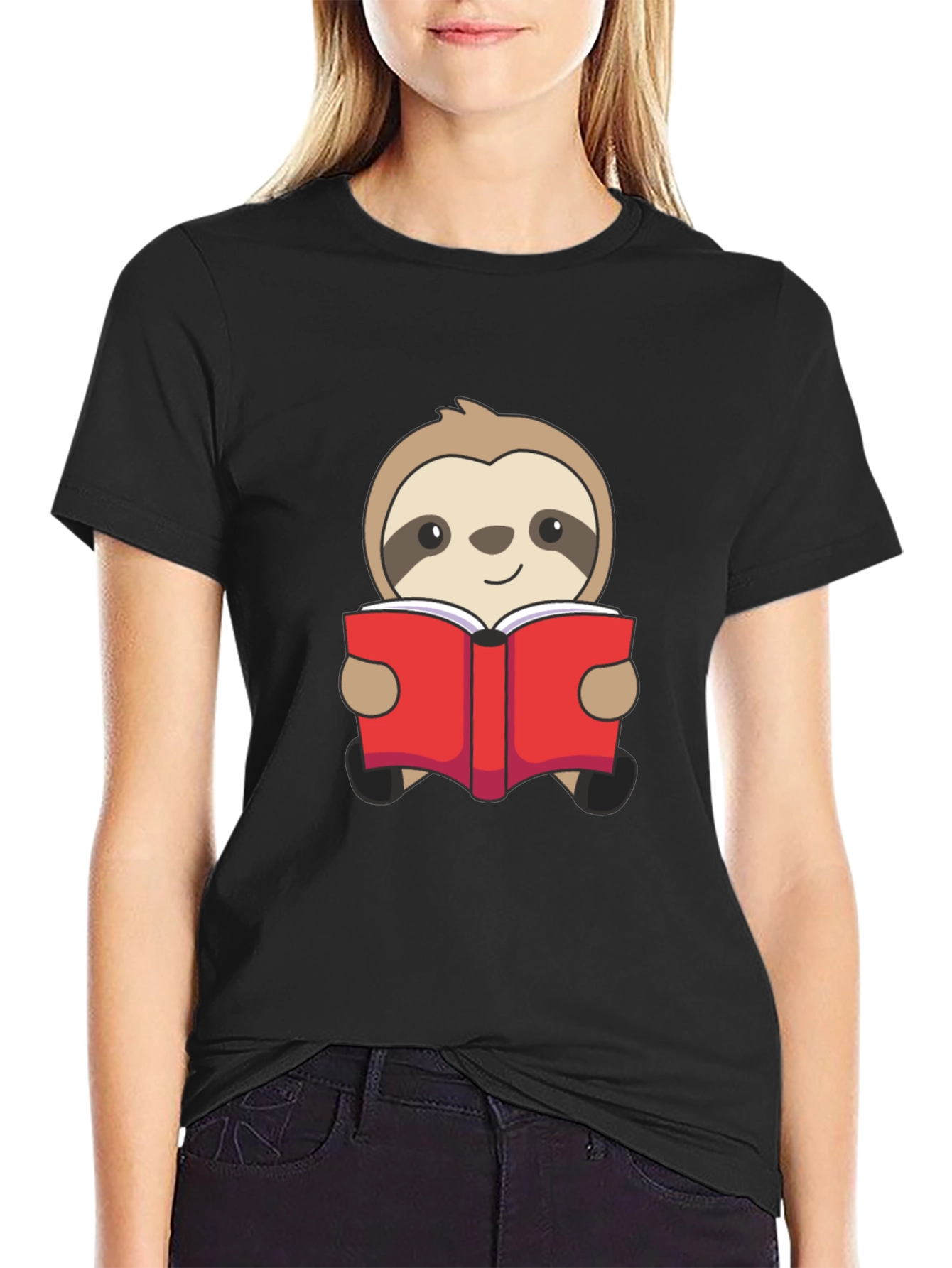 Sloth Reading Book Graphic T-Shirt - Black