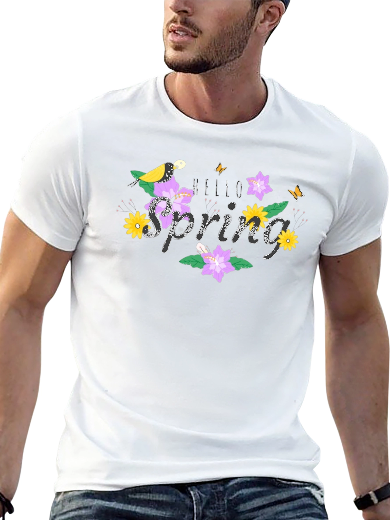 Hello Spring Graphic Tee Bird & Floral Design