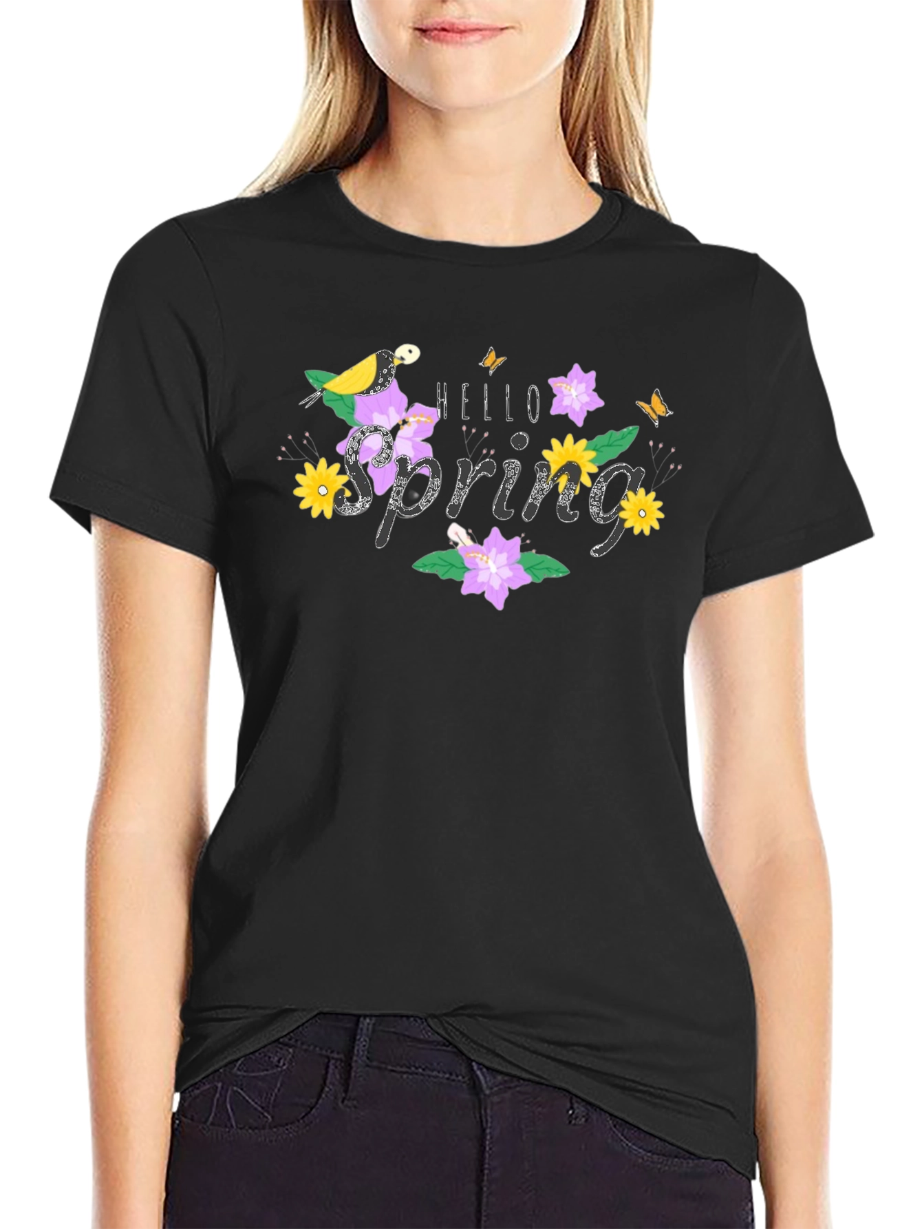 Hello Spring Graphic Tee Bird & Floral Design