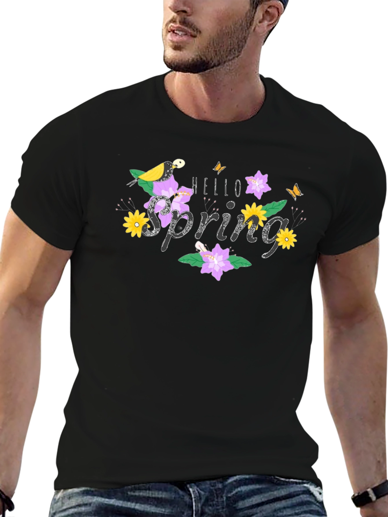 Hello Spring Graphic Tee Bird & Floral Design