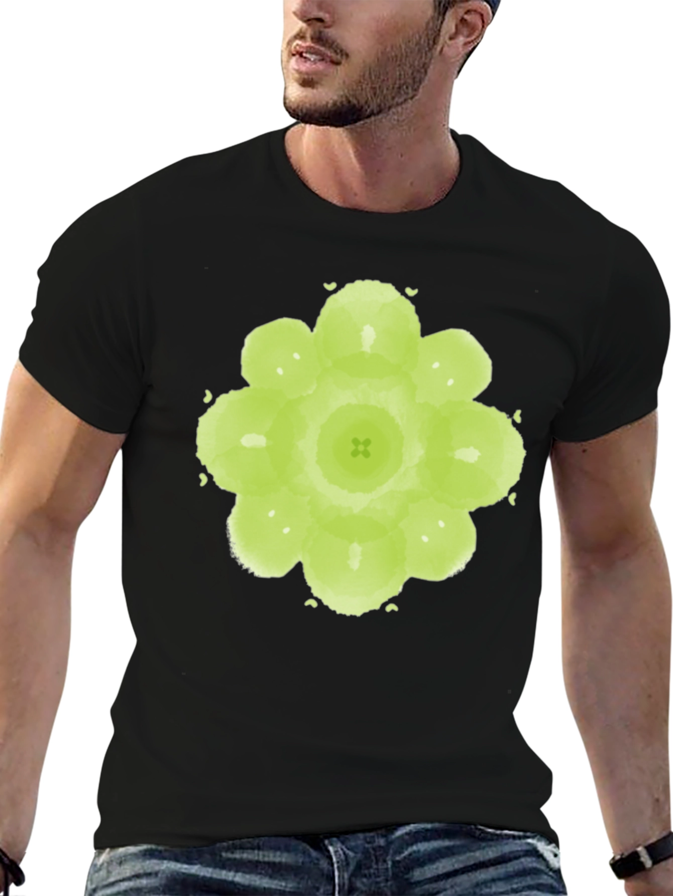 Green Floral Graphic Black T-Shirt