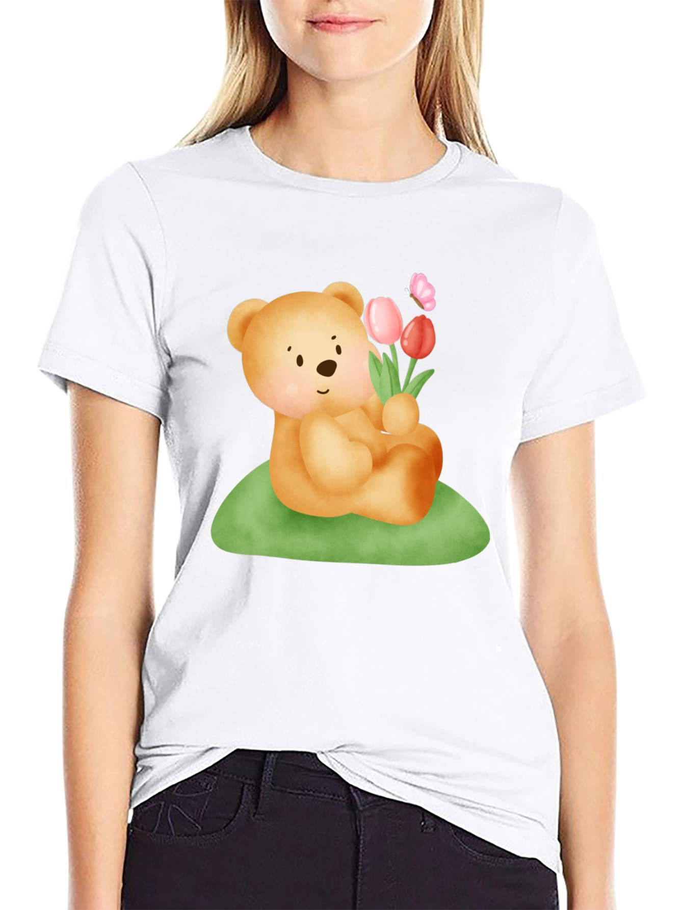 Cute Bear & Flowers Graphic T-Shirt