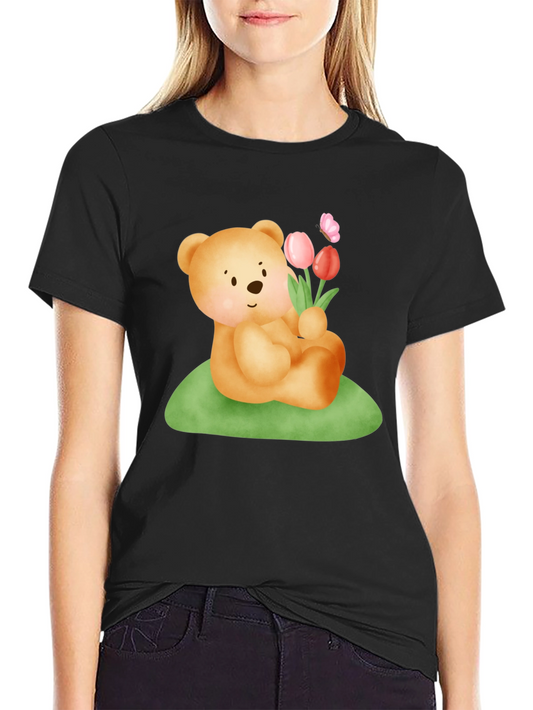 Cute Bear & Flowers Graphic T-Shirt