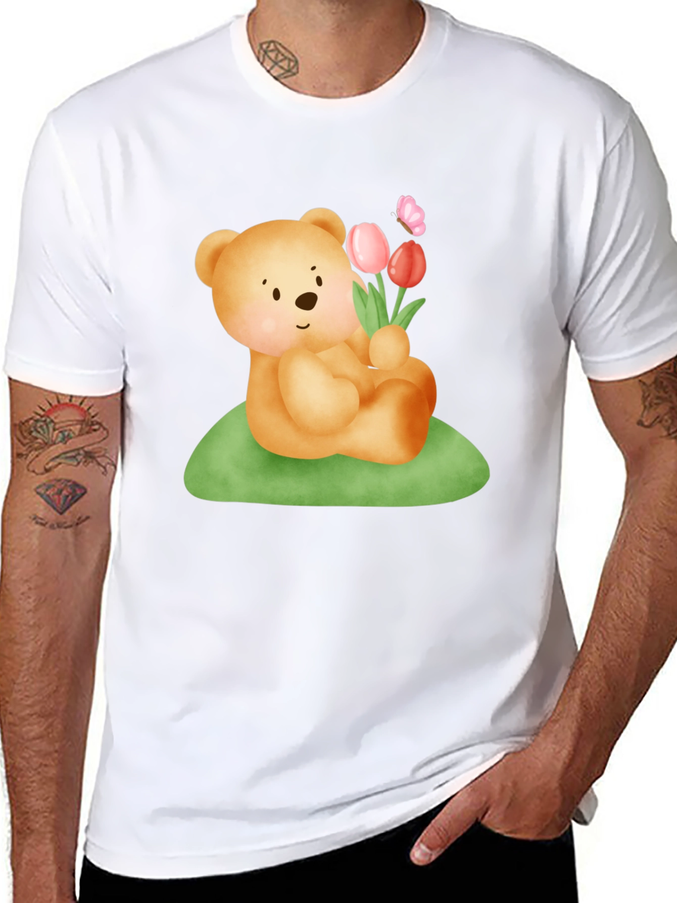 Cute Bear & Flowers Graphic T-Shirt