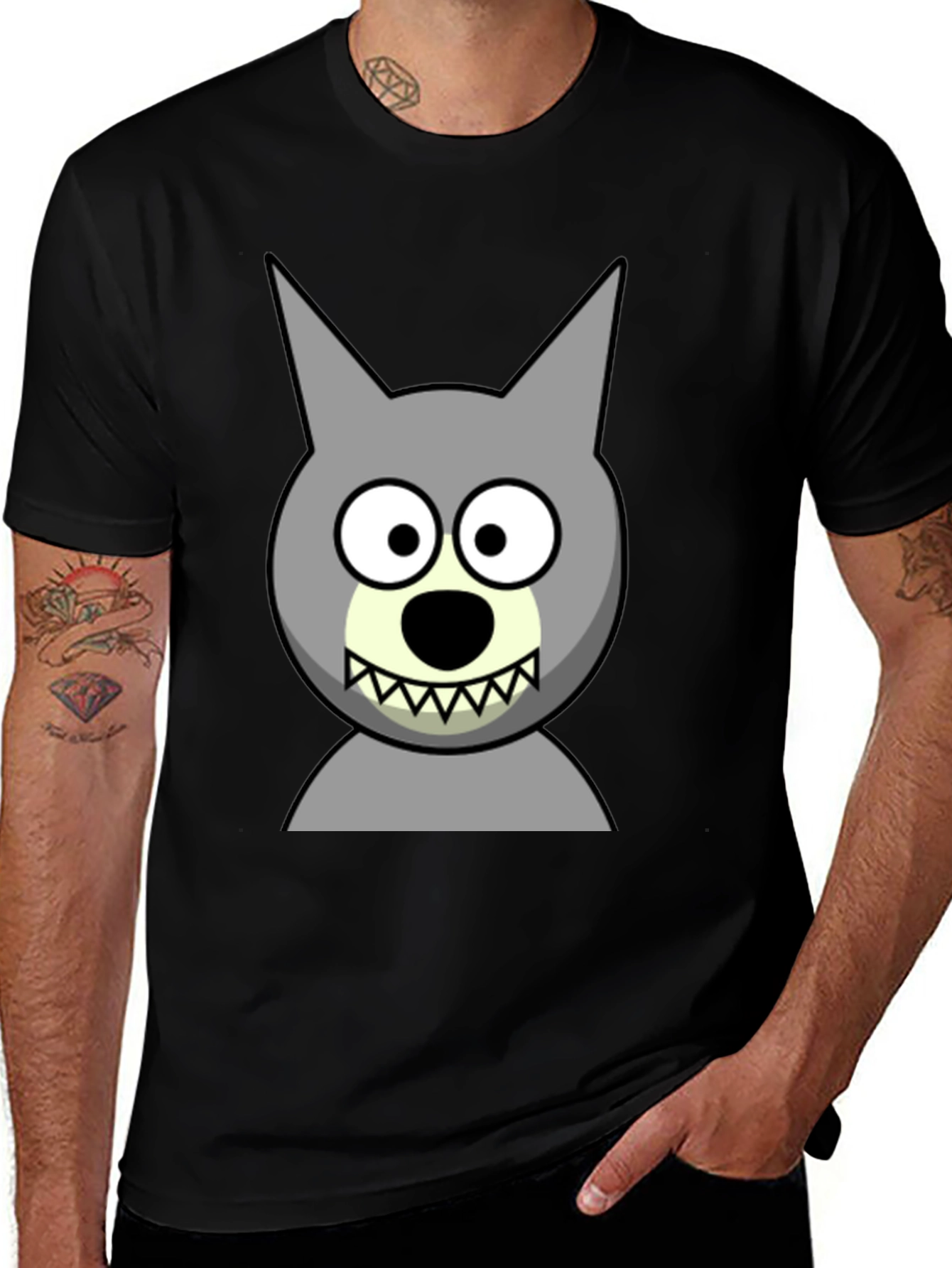 Cartoon Wolf Graphic Tee - Black Cotton Blend