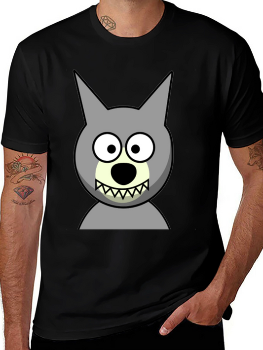 Cartoon Wolf Graphic Tee - Black Cotton Blend