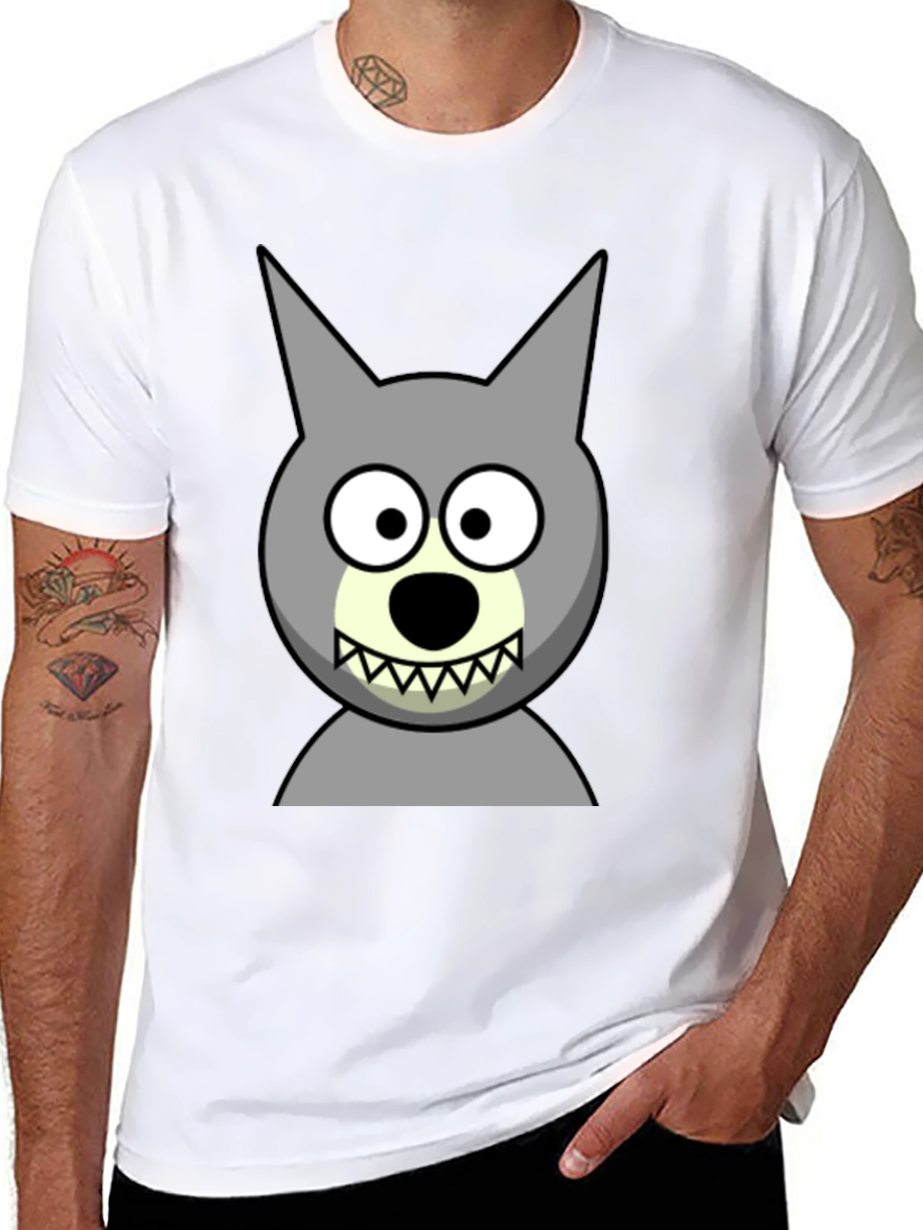 Cartoon Wolf Graphic Tee - Black Cotton Blend