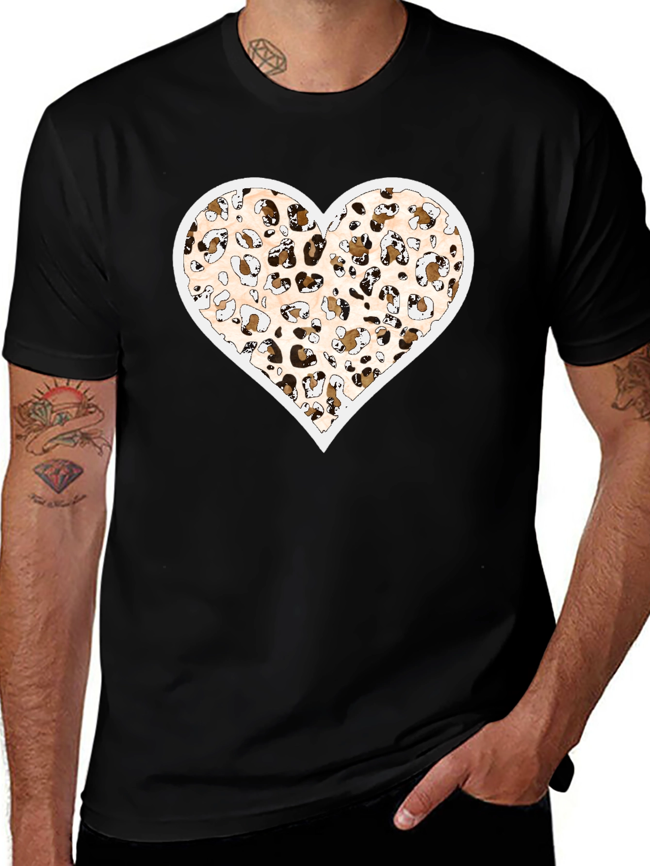 Leopard Print Heart Graphic Black Tee Shirt