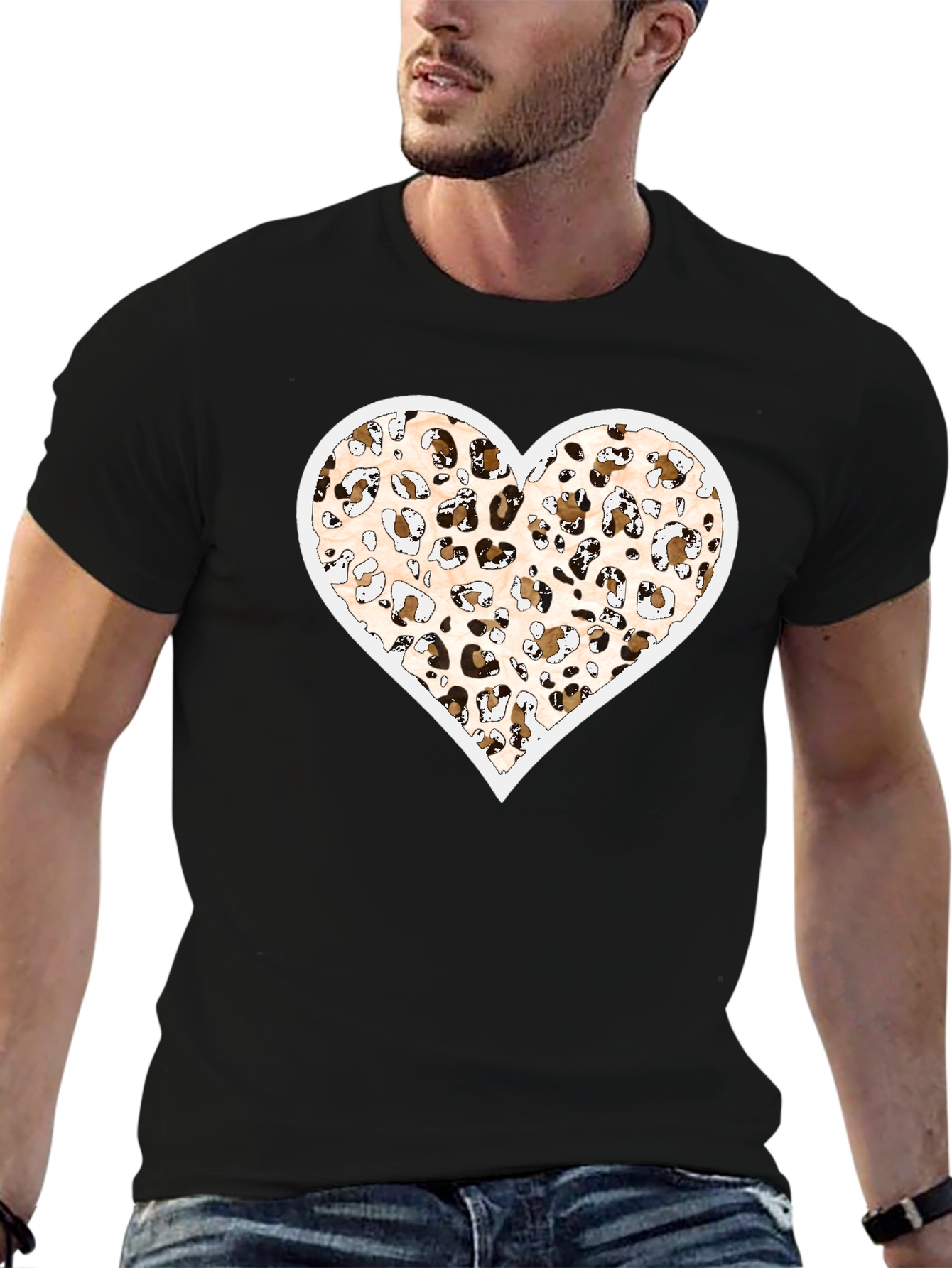 Leopard Print Heart Graphic Black Tee Shirt