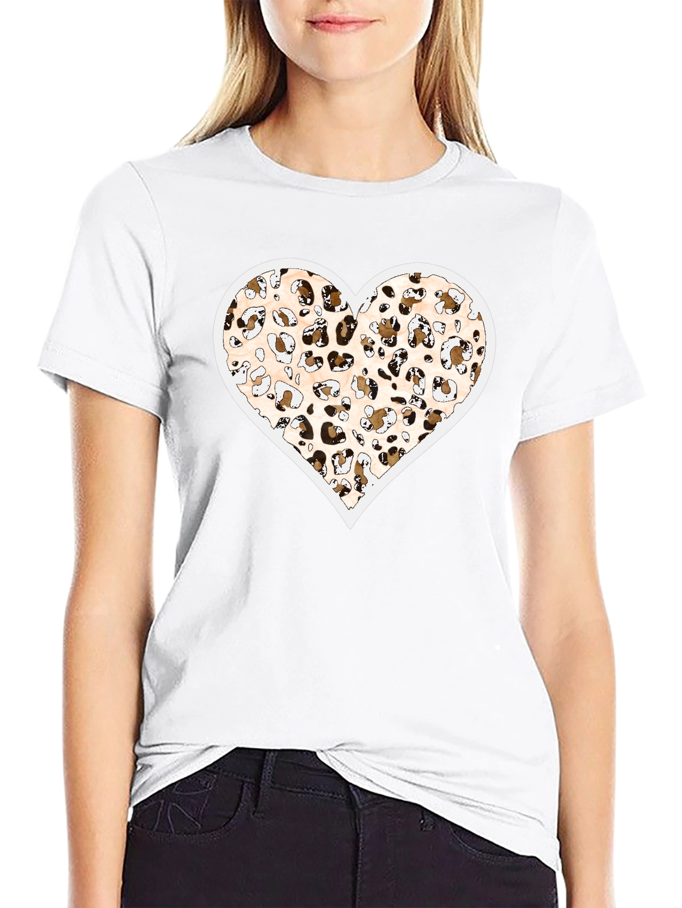 Leopard Print Heart Graphic Black Tee Shirt