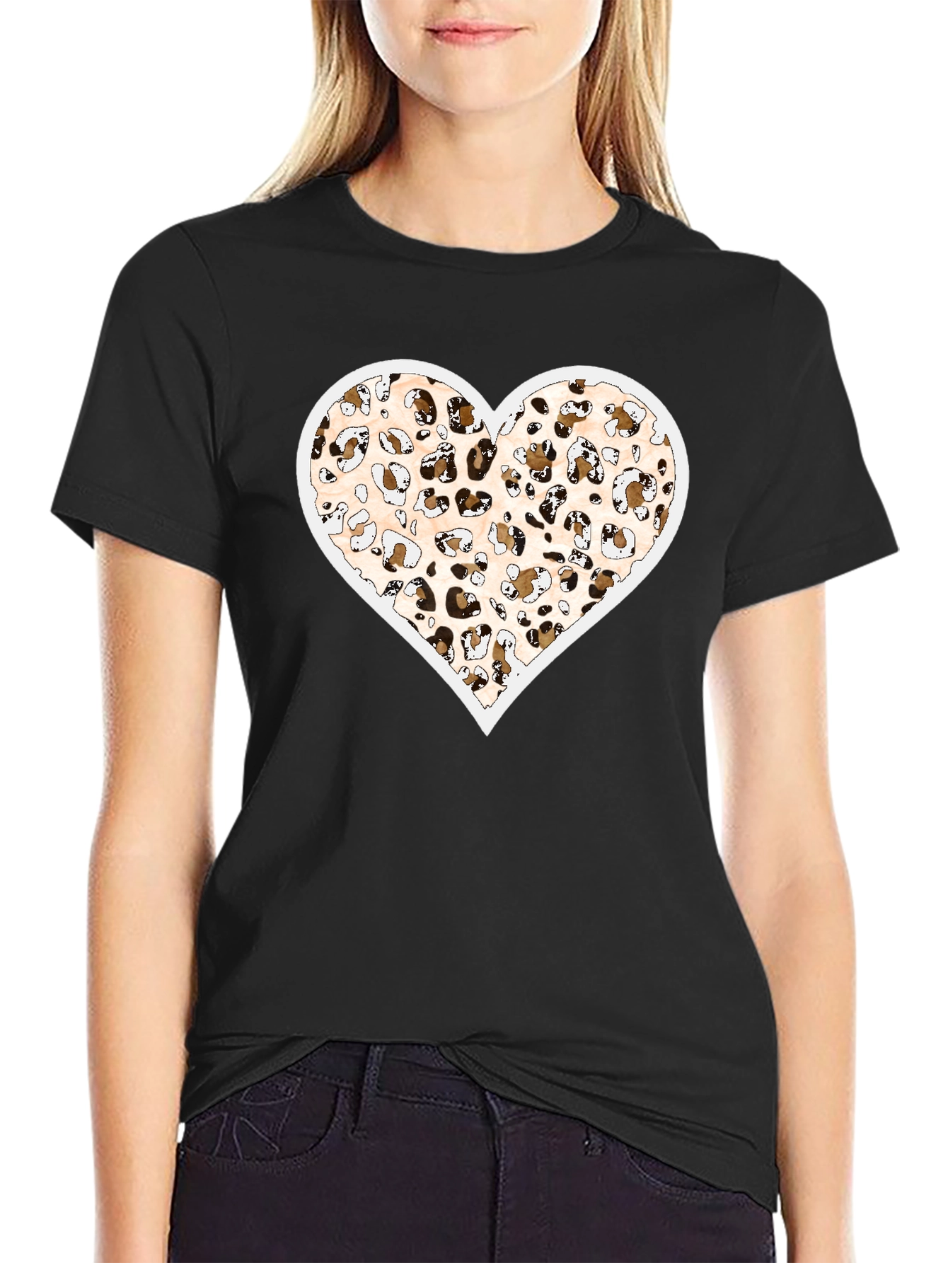 Leopard Print Heart Graphic Black Tee Shirt