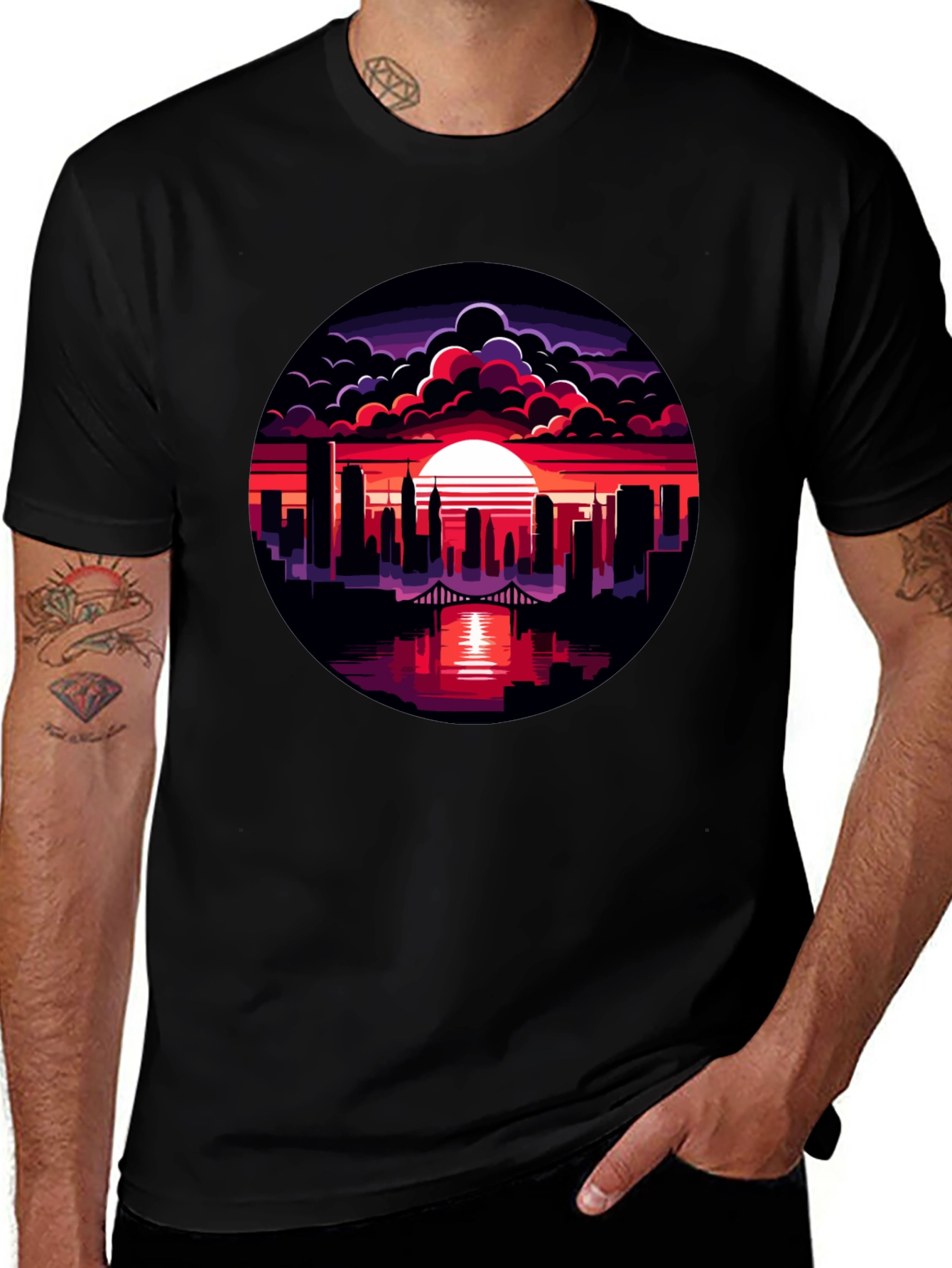 Sunset Cityscape Graphic Tee - Black