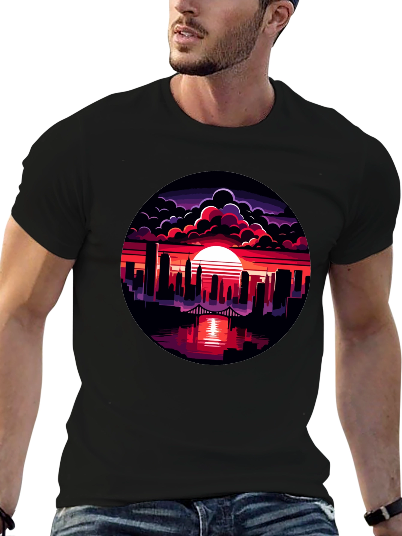 Sunset Cityscape Graphic Tee - Black