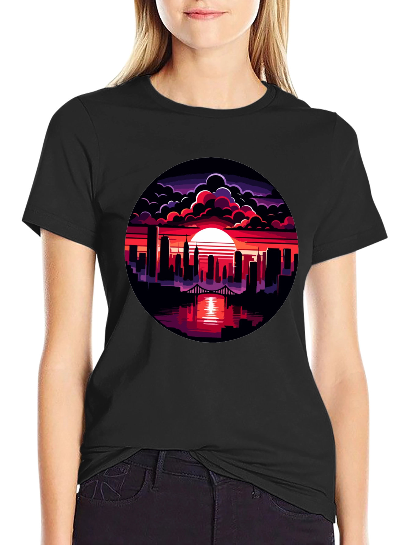 Sunset Cityscape Graphic Tee - Black