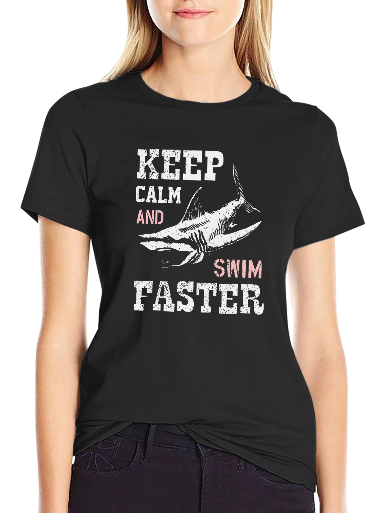 Keep Calm Swim Faster Black Graphic Tee Shirt