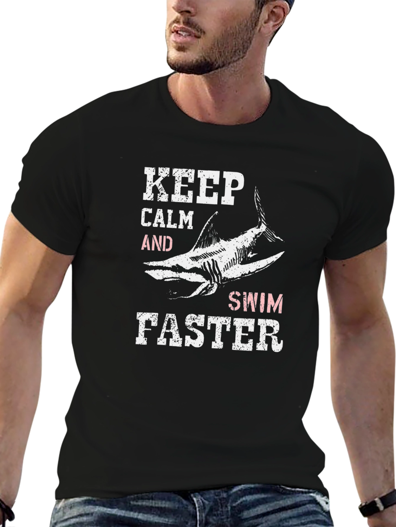 Keep Calm Swim Faster Black Graphic Tee Shirt
