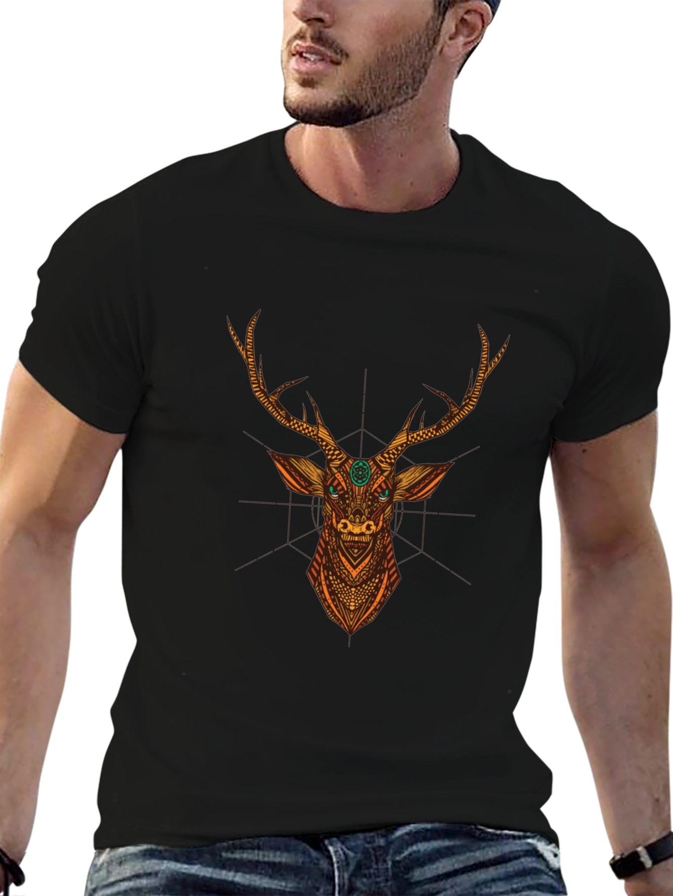 Deer Graphic Black Tee - Unique Artistic Design