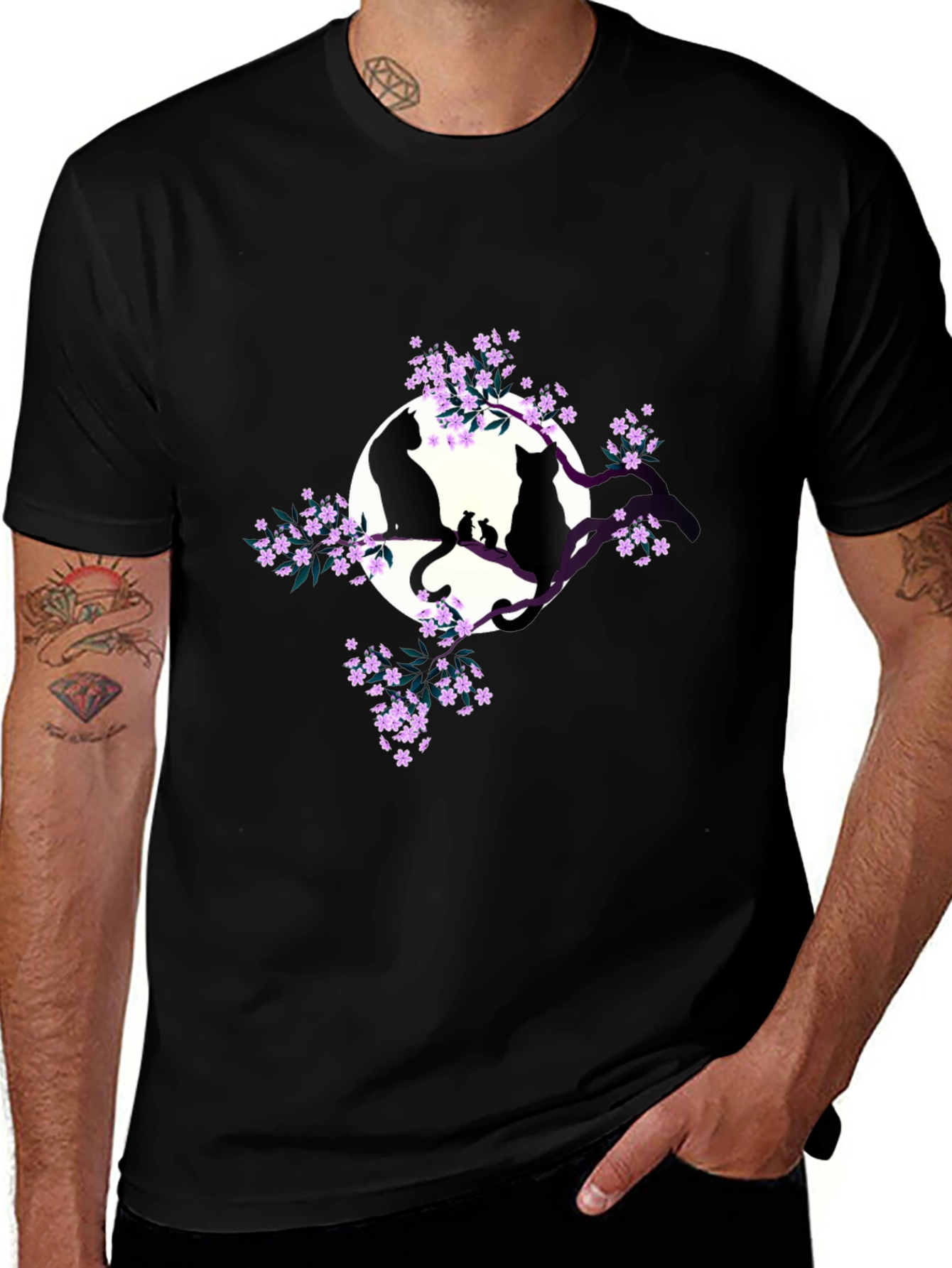 Cats on Branch Graphic Tee - Black