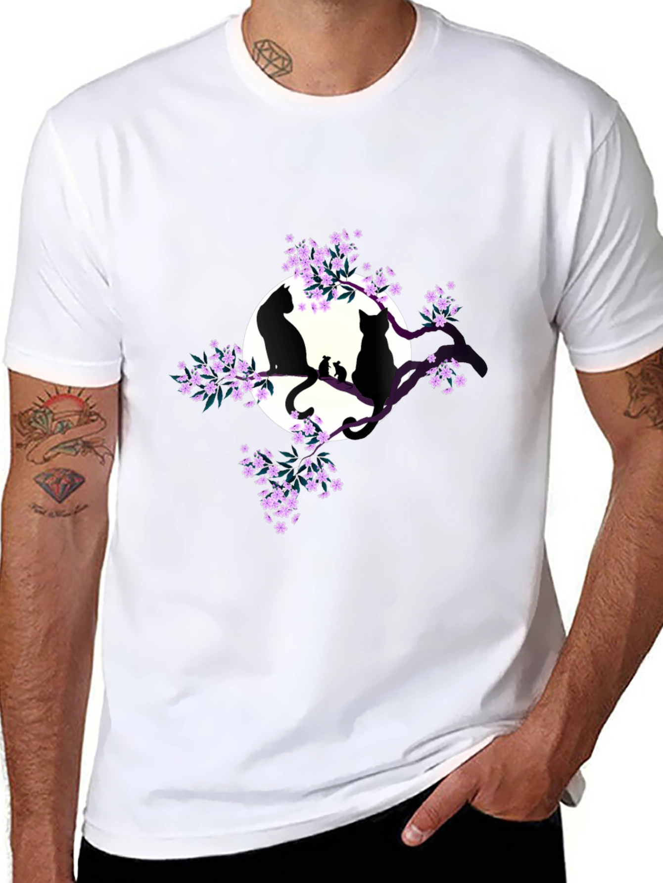 Cats on Branch Graphic Tee - Black