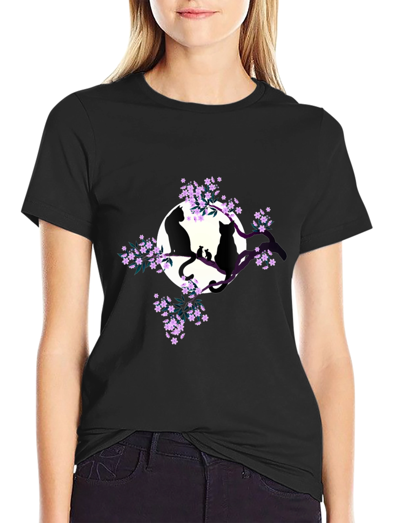 Cats on Branch Graphic Tee - Black