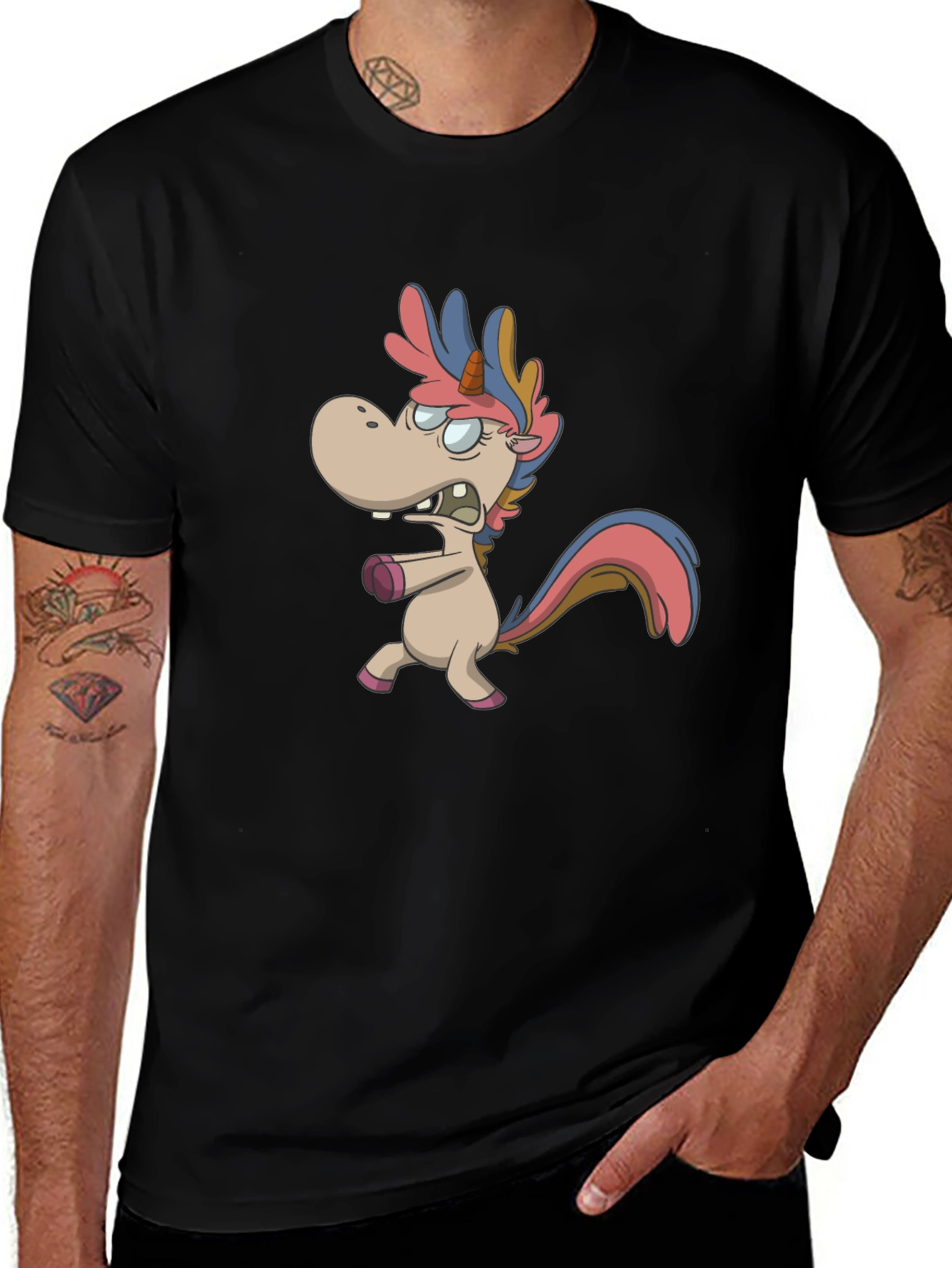 Cartoon Unicorn Graphic T-Shirt - Black